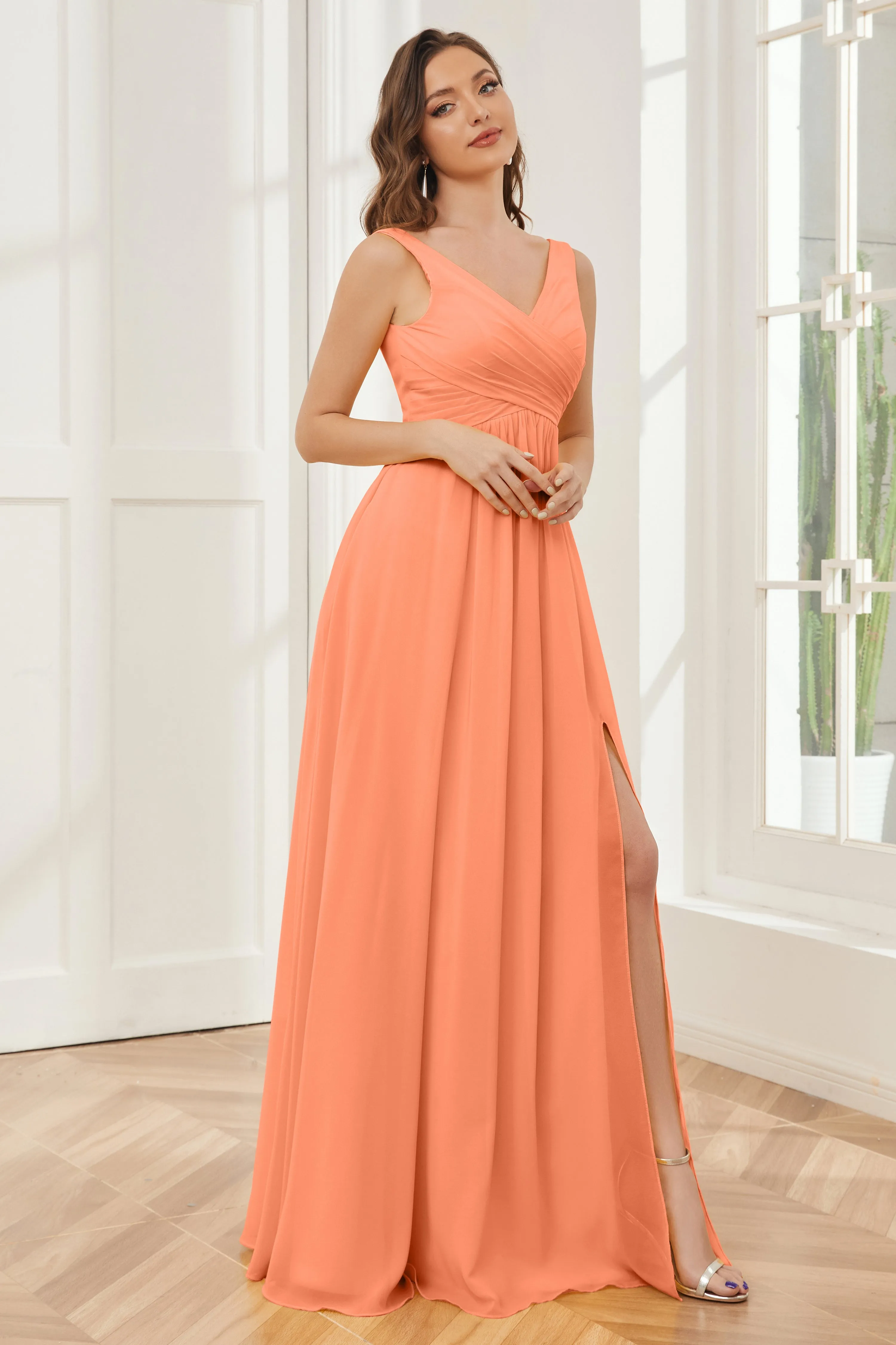 Column V-neck Chiffon Long Bridesmaid Dresses