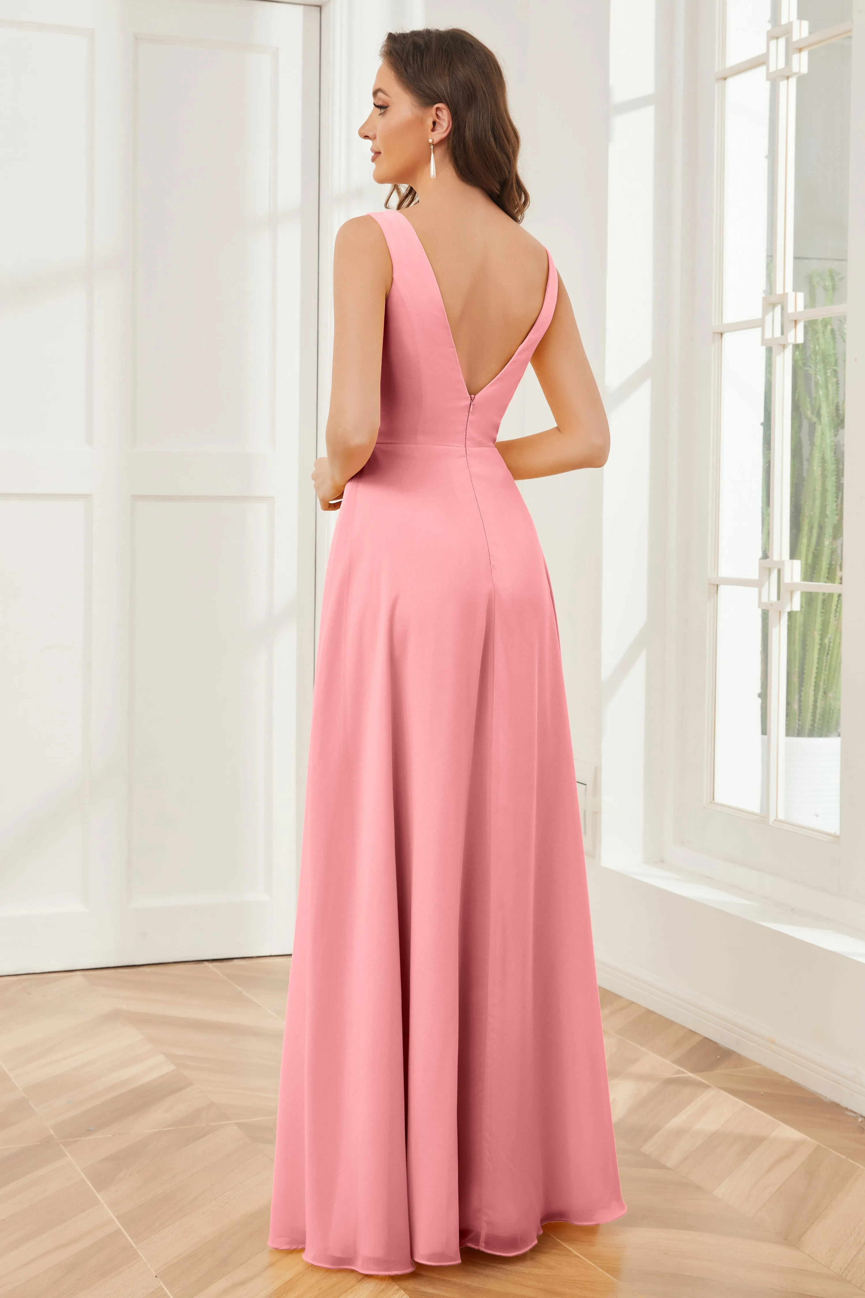 Column V-neck Chiffon Long Bridesmaid Dresses