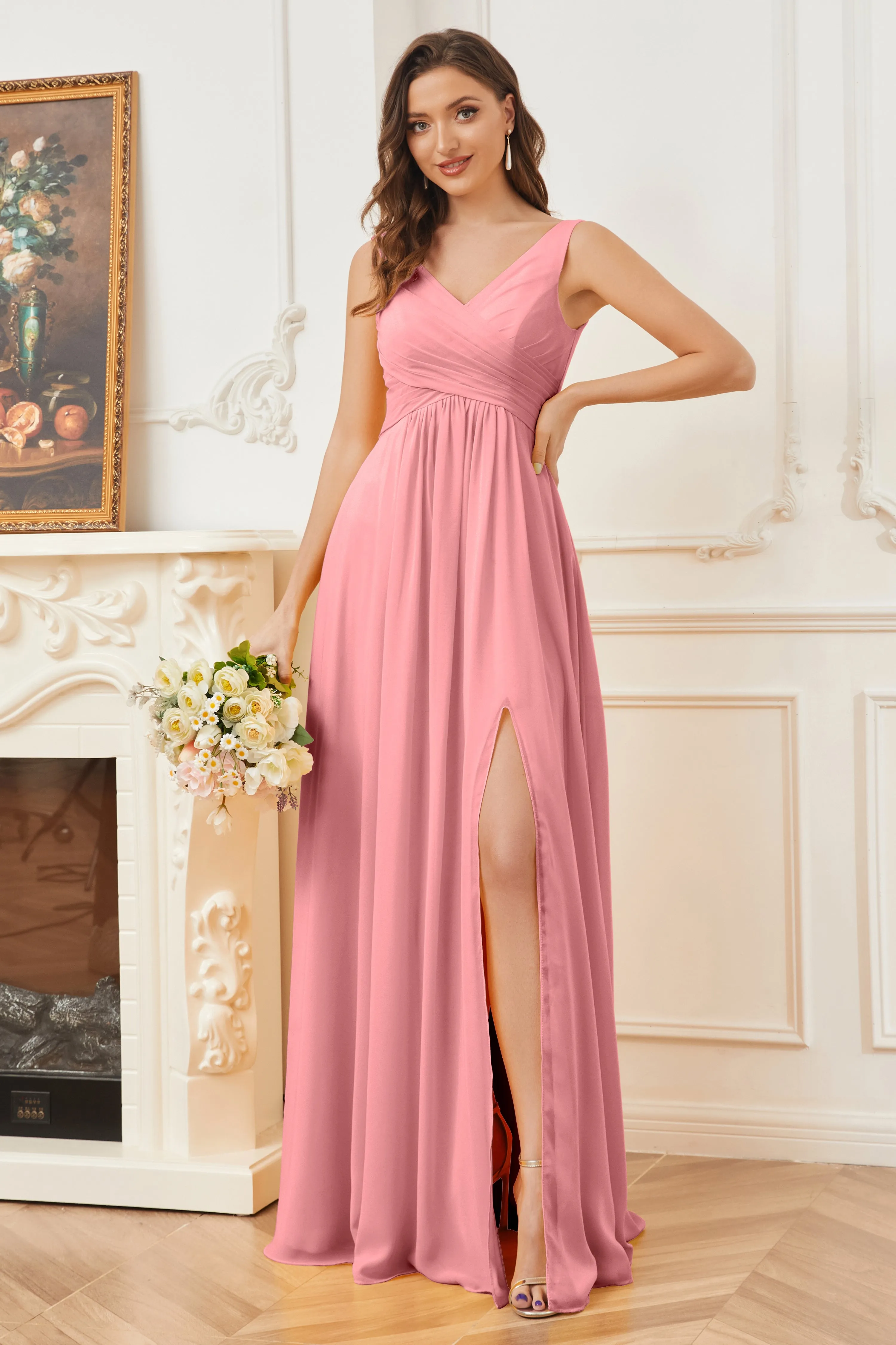 Column V-neck Chiffon Long Bridesmaid Dresses