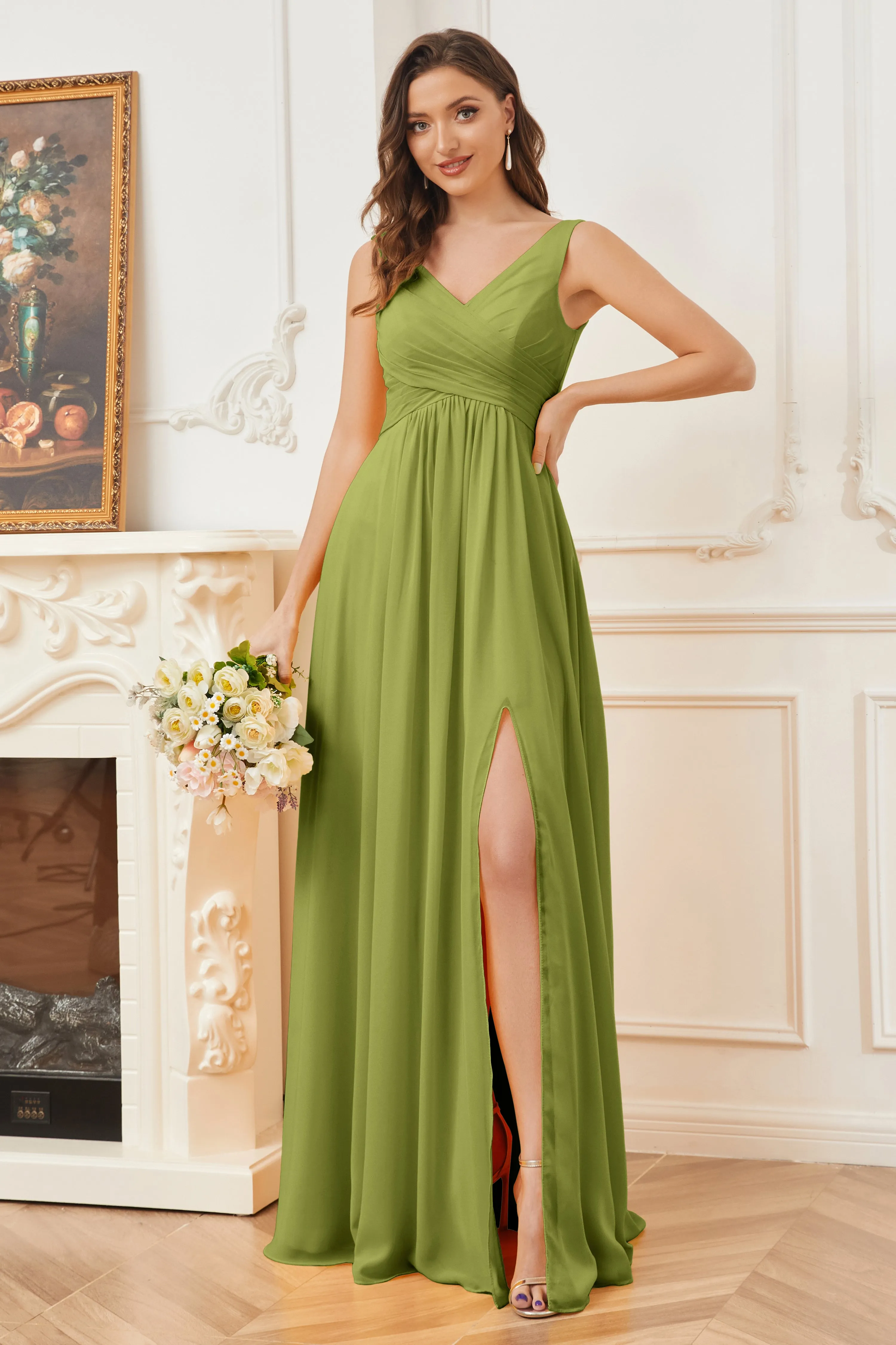 Column V-neck Chiffon Long Bridesmaid Dresses