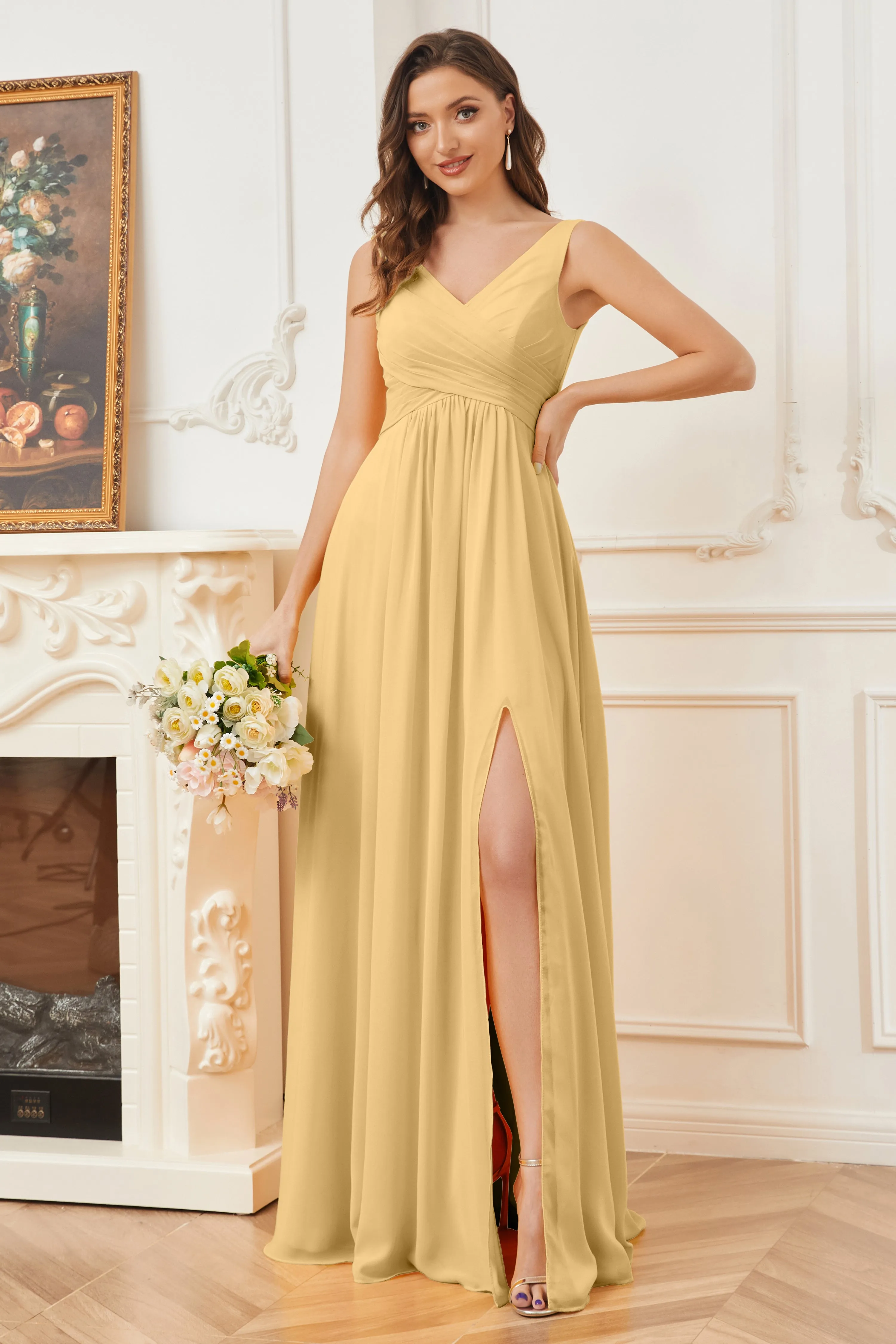 Column V-neck Chiffon Long Bridesmaid Dresses