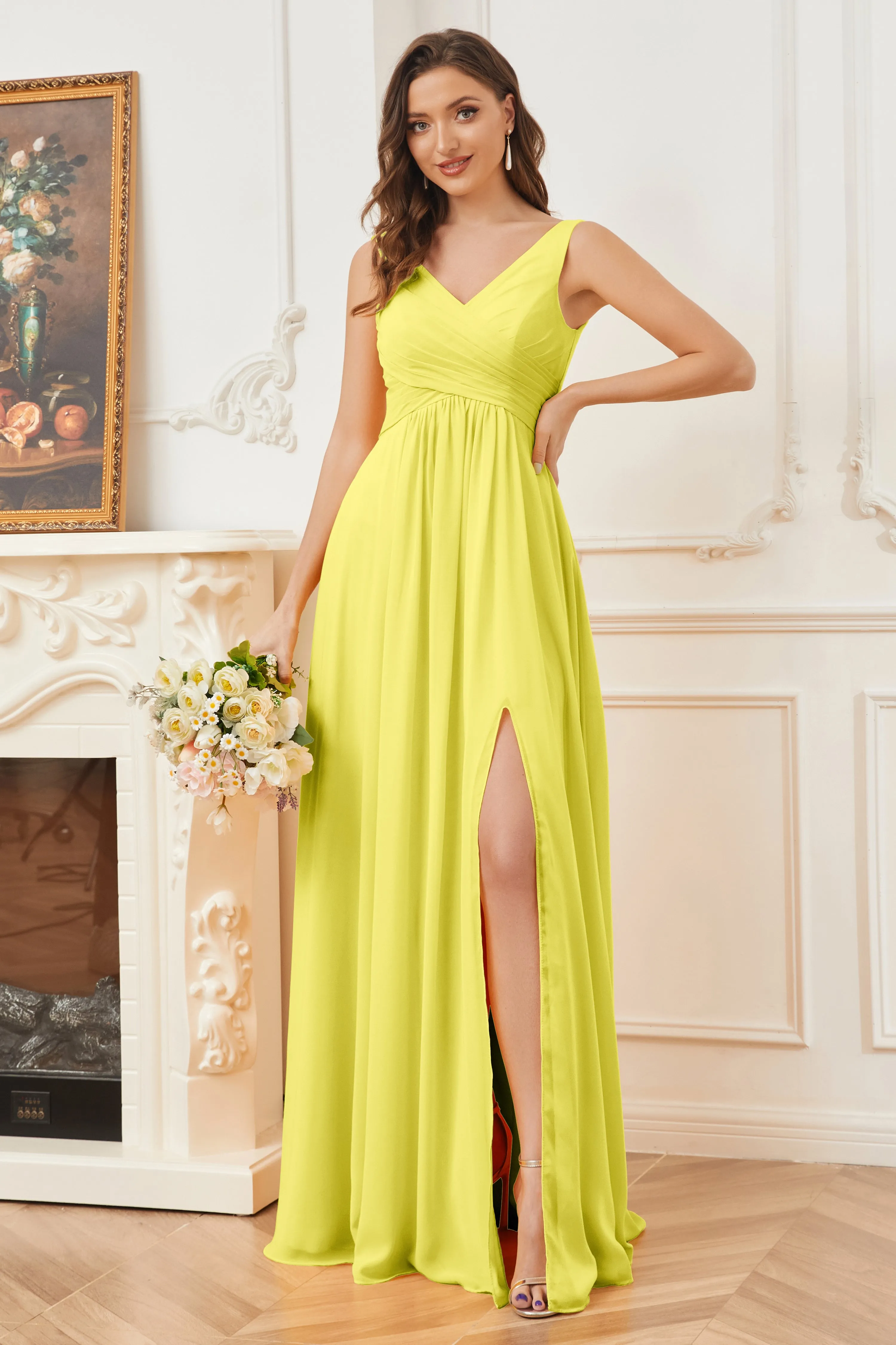 Column V-neck Chiffon Long Bridesmaid Dresses