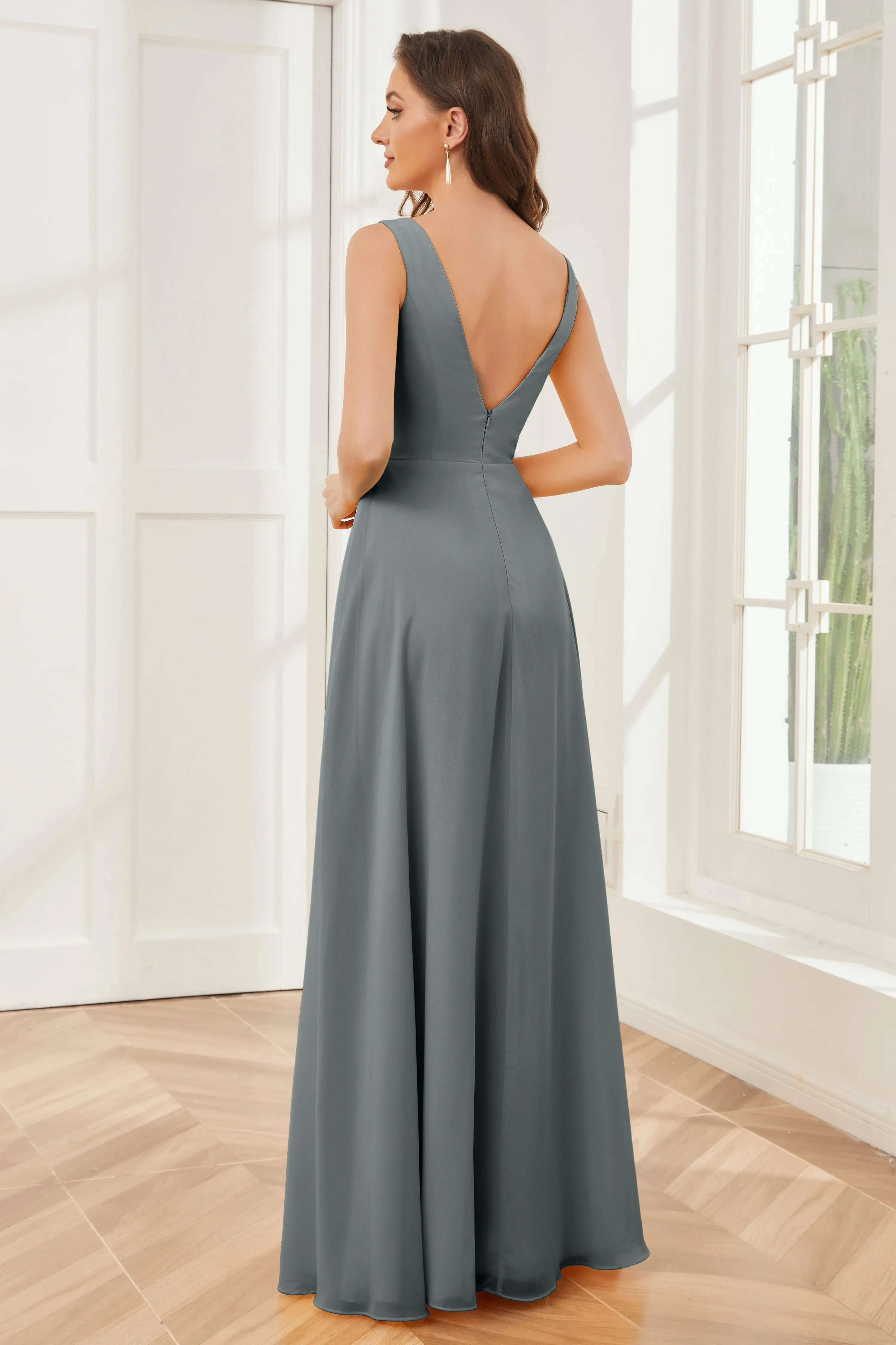 Column V-neck Chiffon Long Bridesmaid Dresses