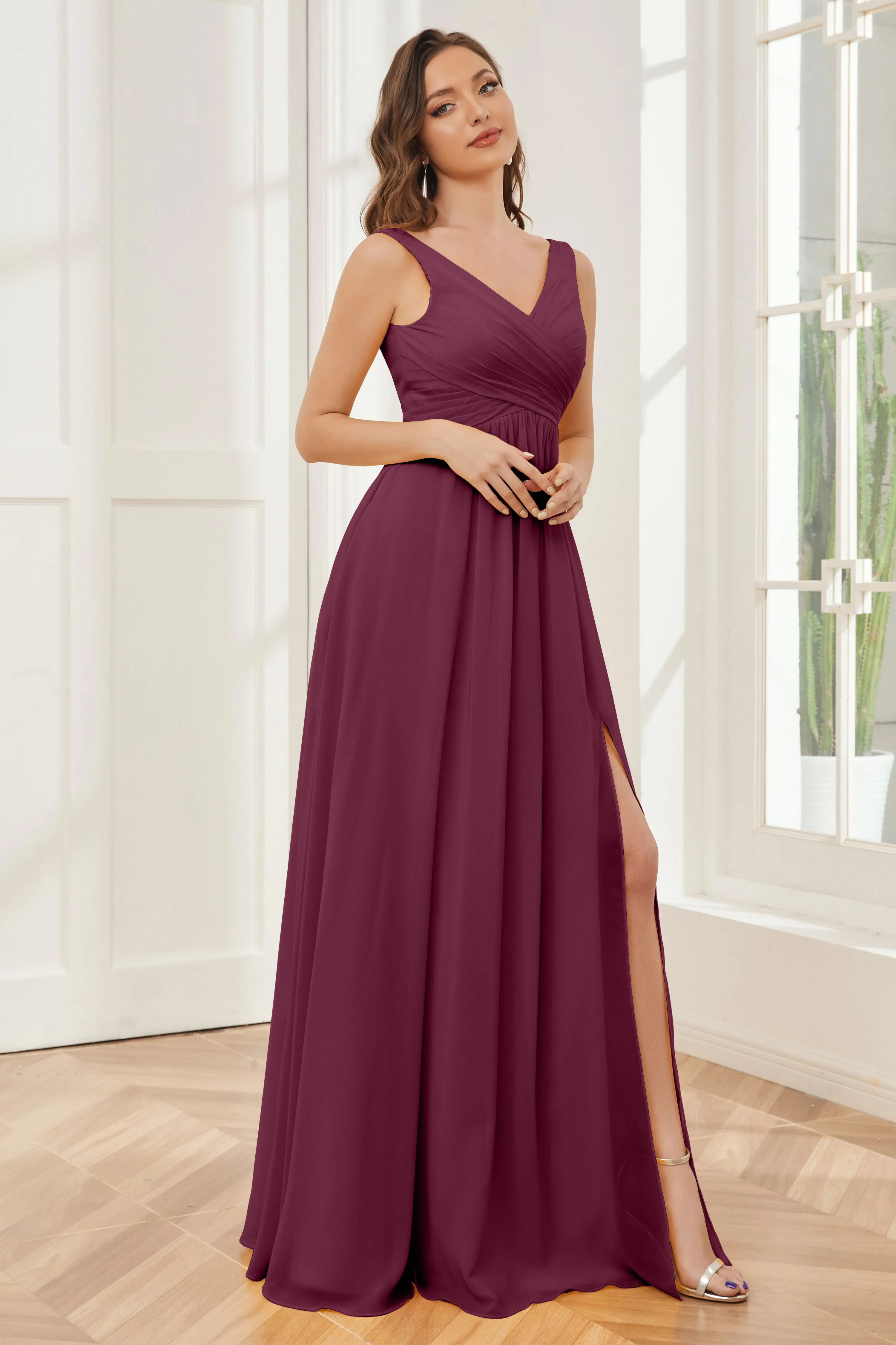 Column V-neck Chiffon Long Bridesmaid Dresses