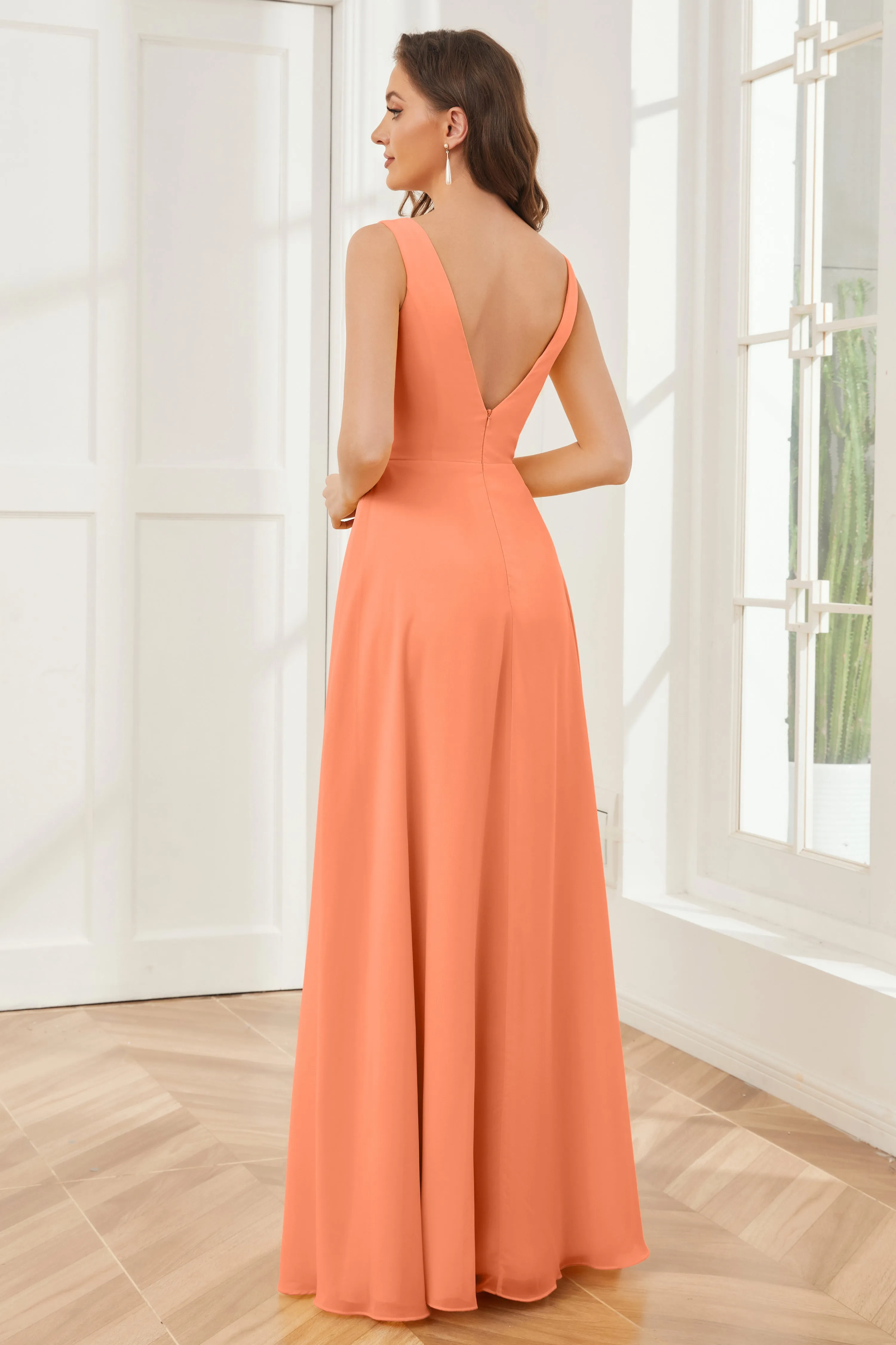 Column V-neck Chiffon Long Bridesmaid Dresses