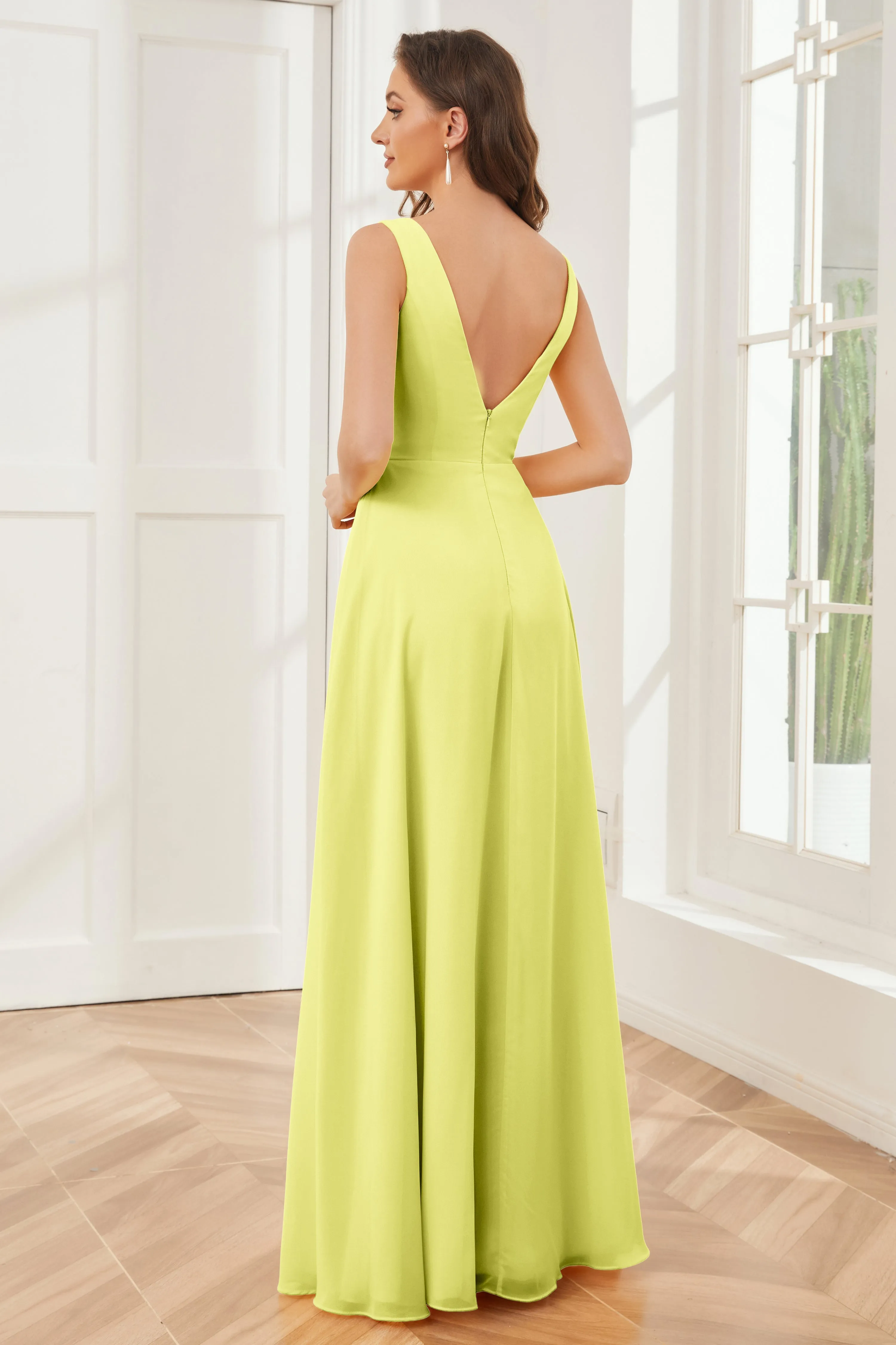 Column V-neck Chiffon Long Bridesmaid Dresses