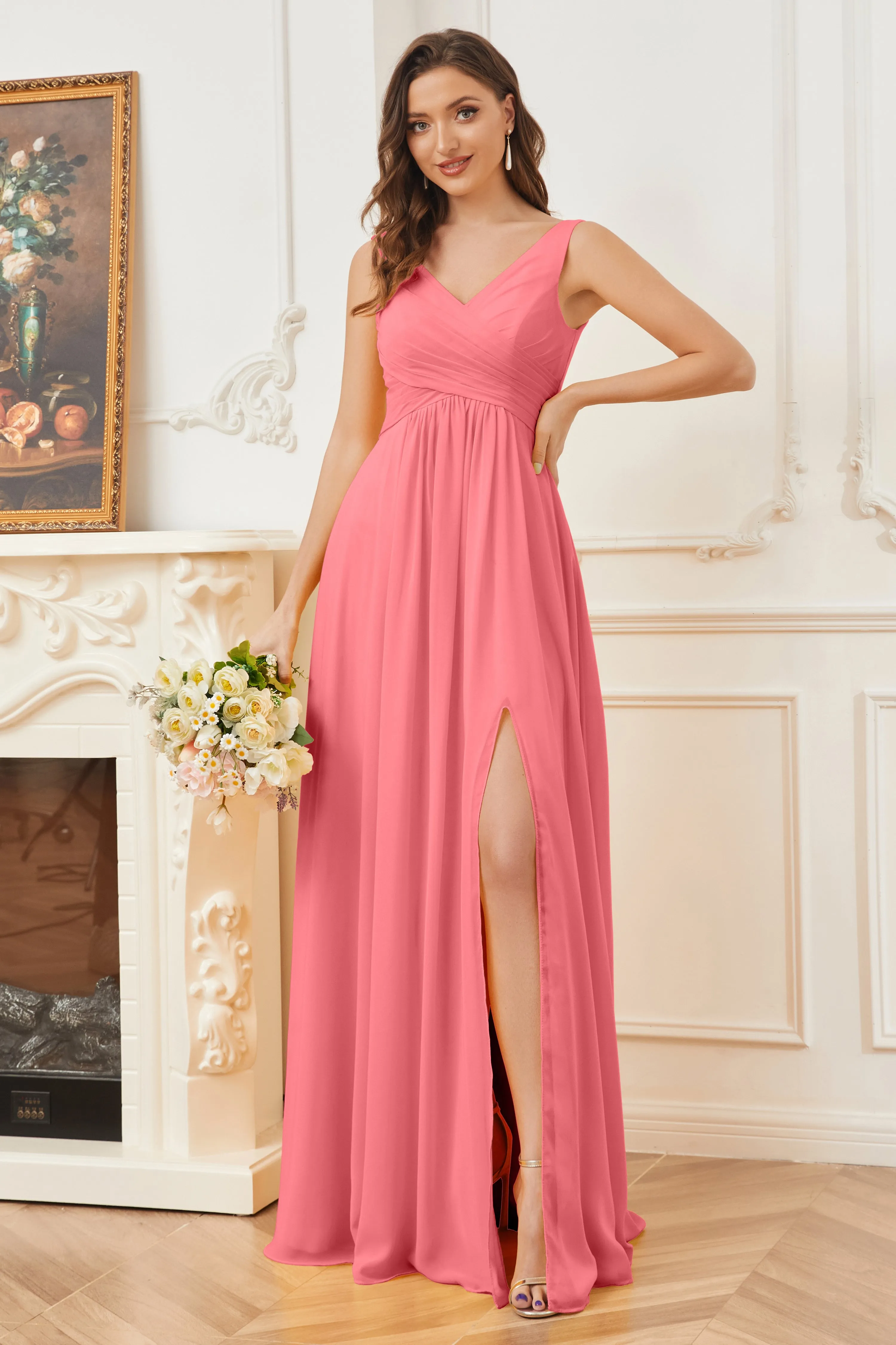 Column V-neck Chiffon Long Bridesmaid Dresses