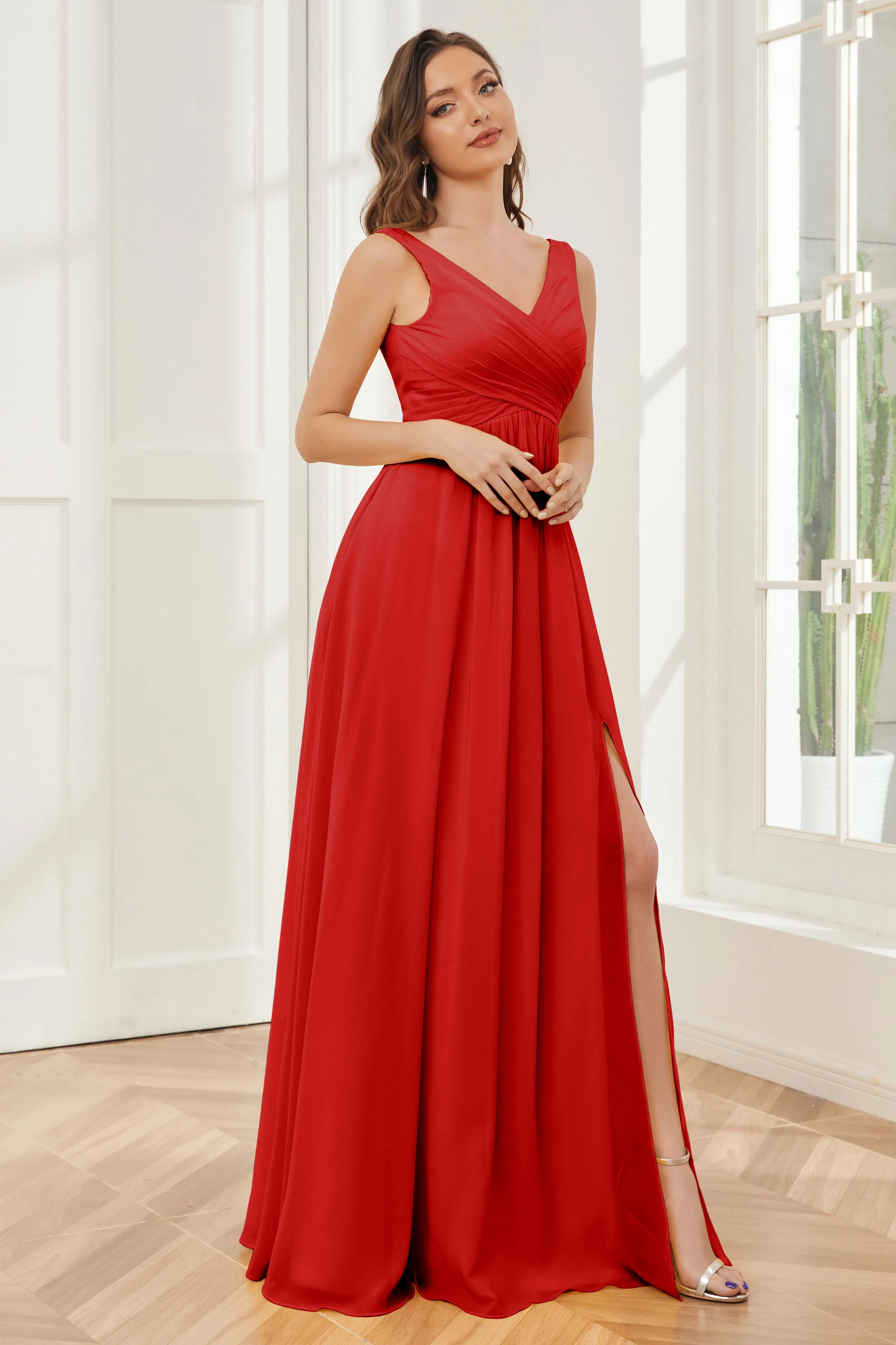 Column V-neck Chiffon Long Bridesmaid Dresses