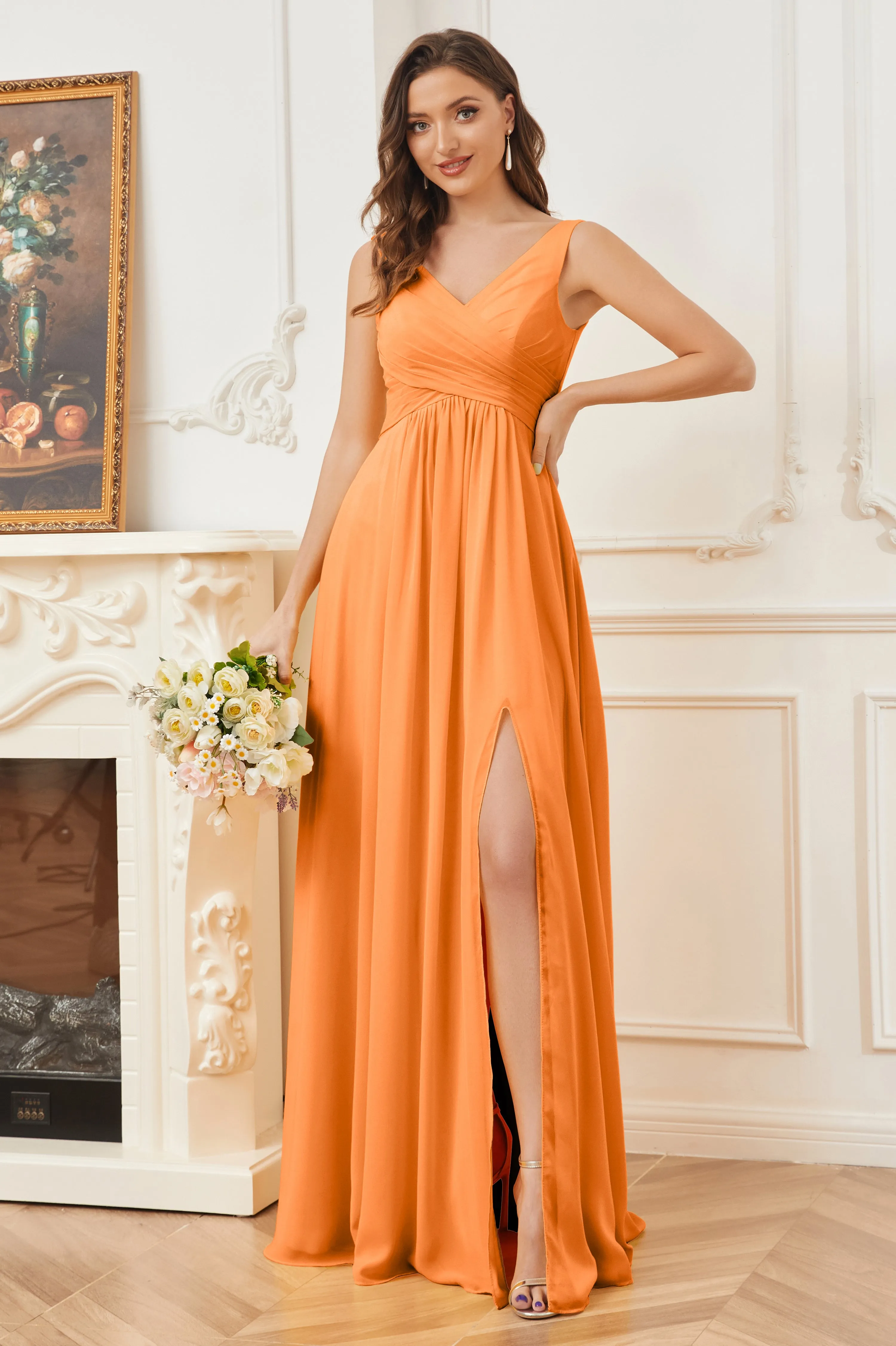 Column V-neck Chiffon Long Bridesmaid Dresses