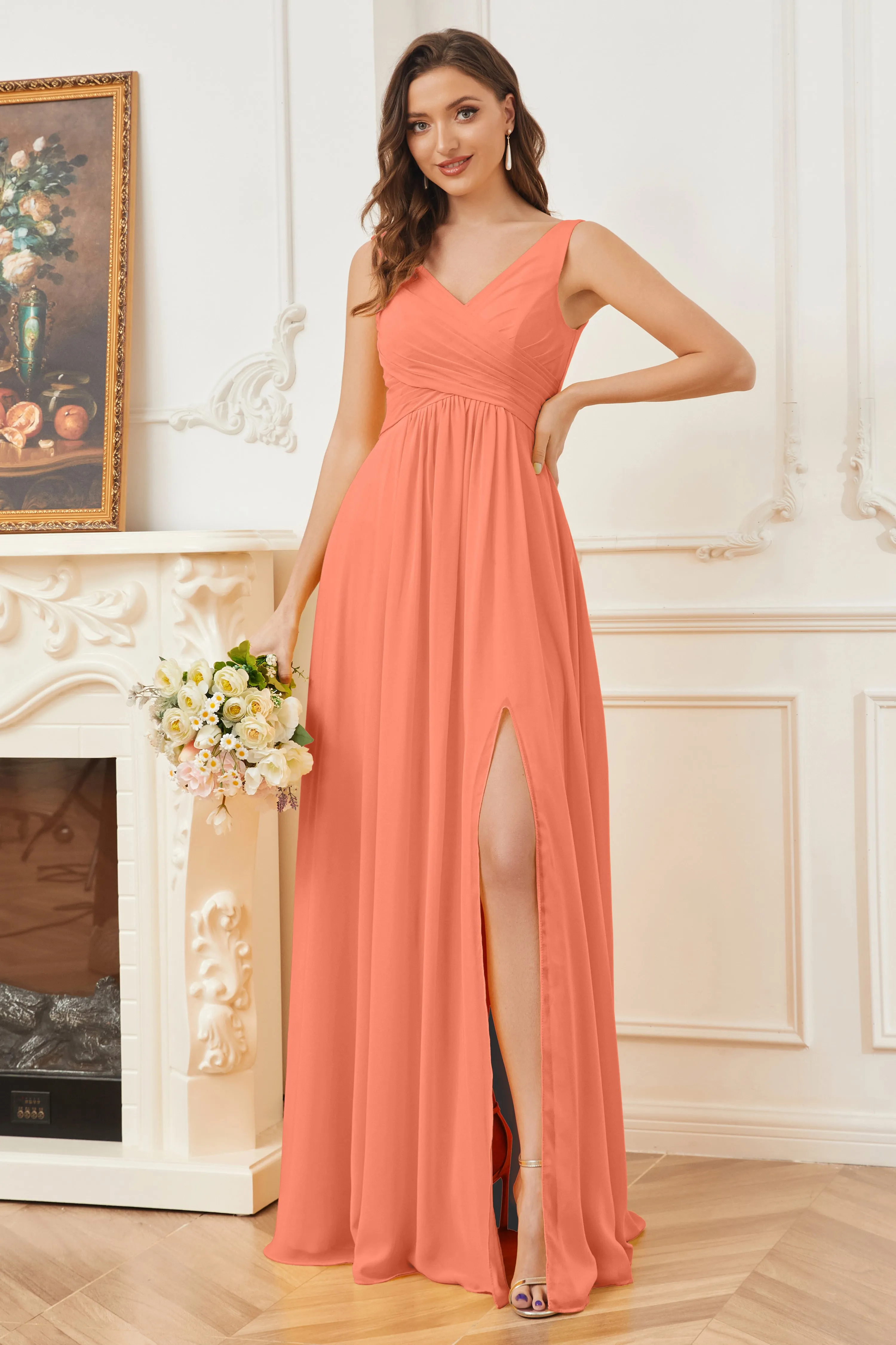 Column V-neck Chiffon Long Bridesmaid Dresses