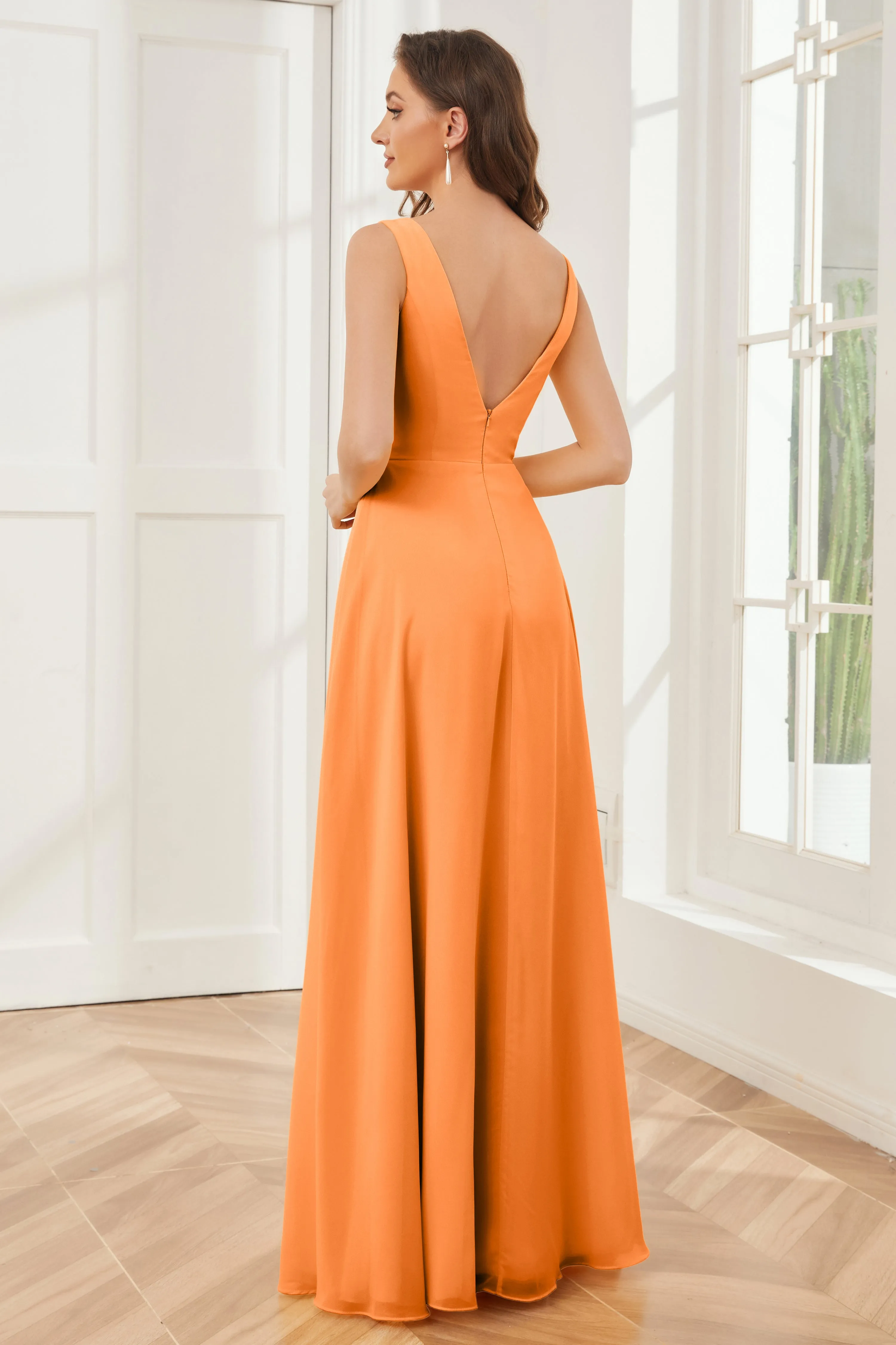 Column V-neck Chiffon Long Bridesmaid Dresses