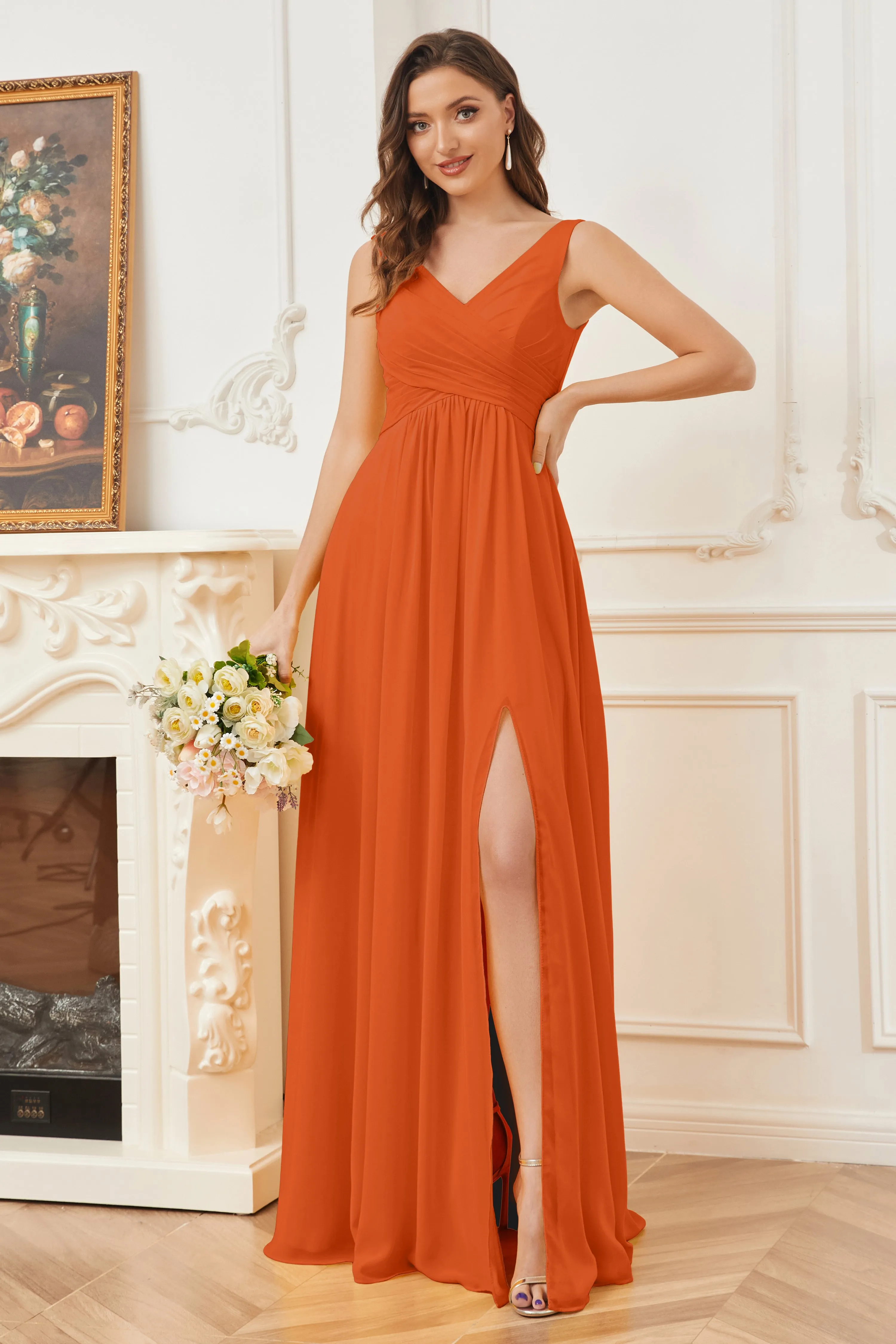 Column V-neck Chiffon Long Bridesmaid Dresses