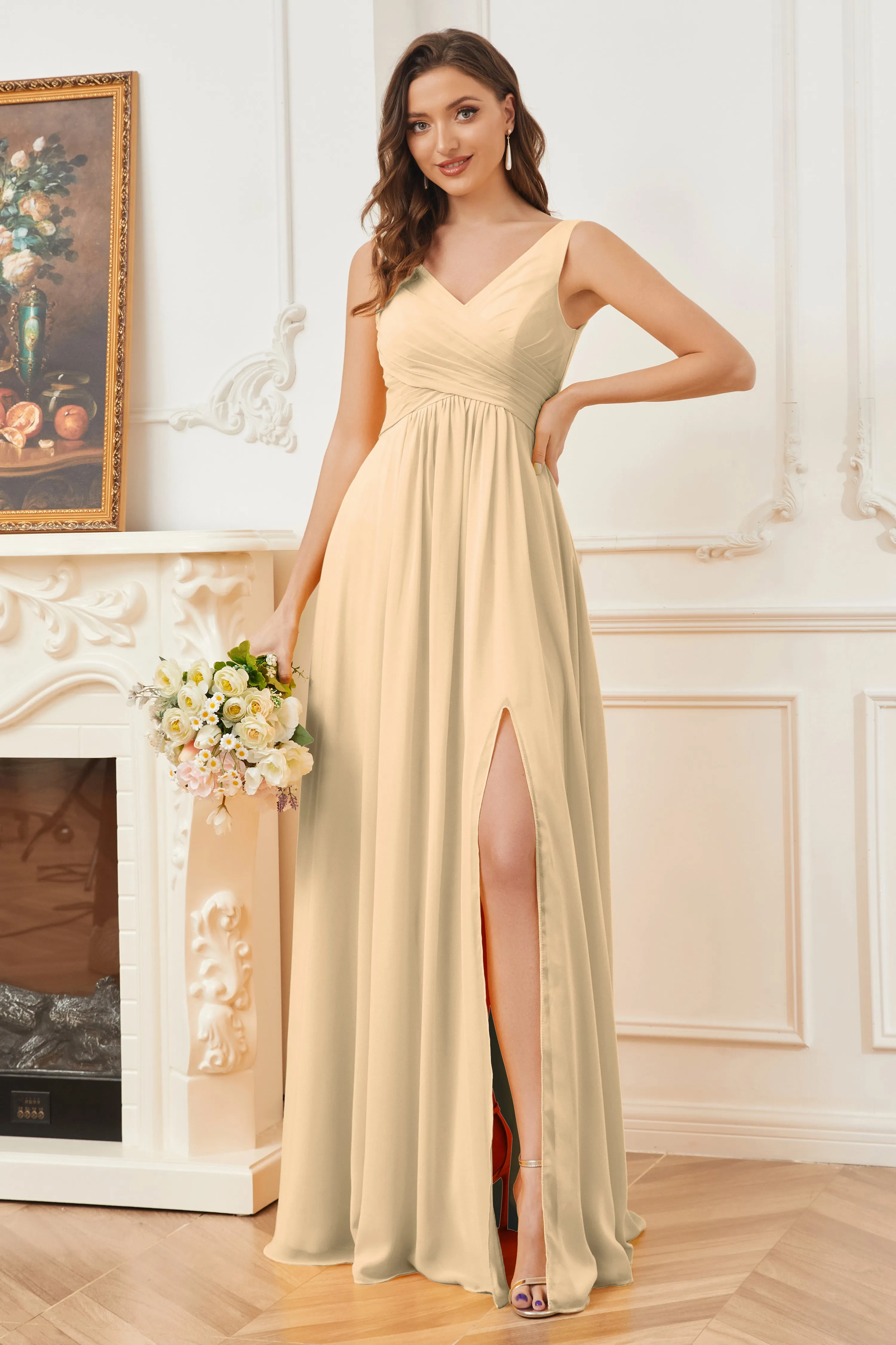 Column V-neck Chiffon Long Bridesmaid Dresses