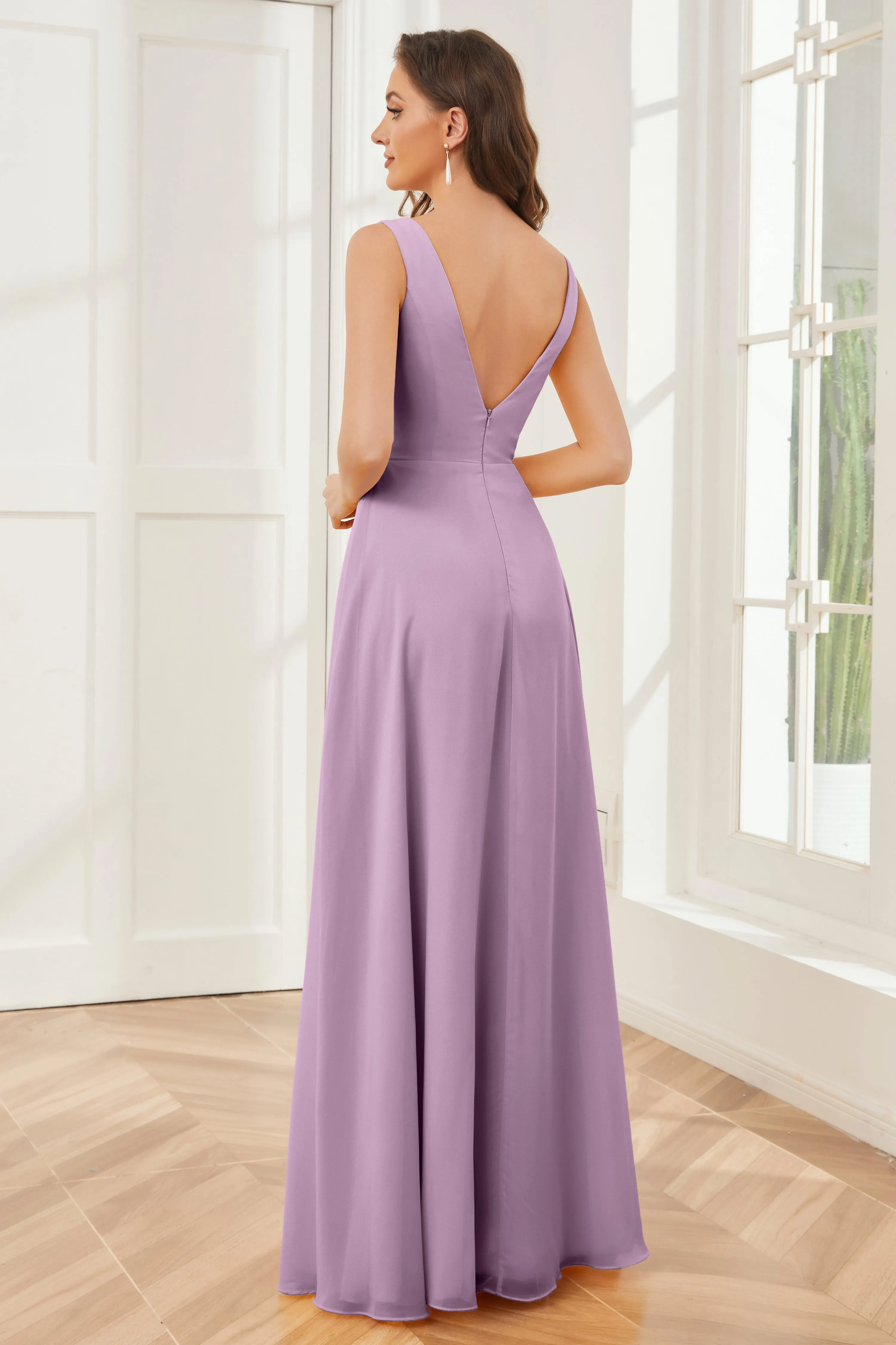 Column V-neck Chiffon Long Bridesmaid Dresses