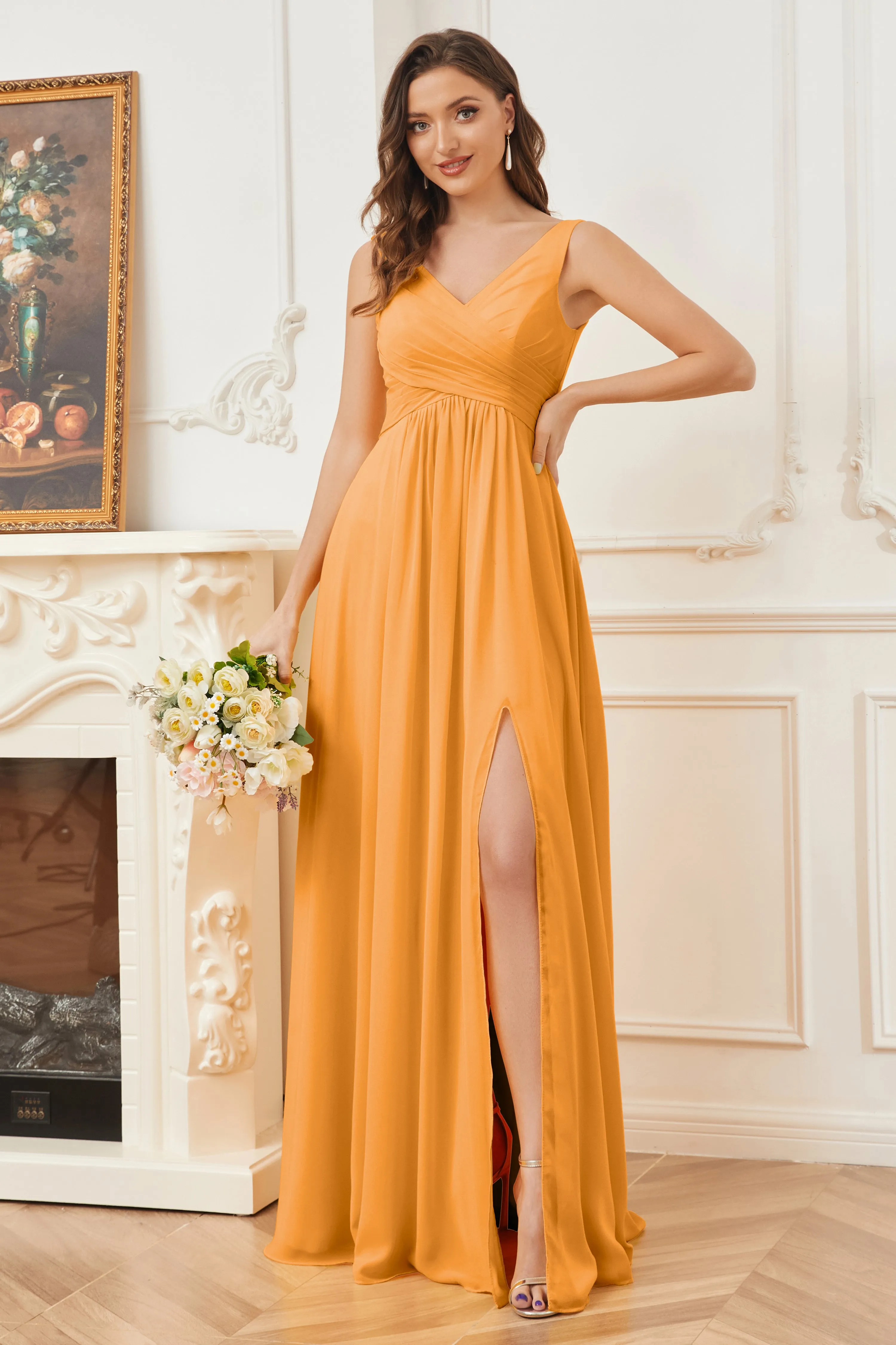 Column V-neck Chiffon Long Bridesmaid Dresses