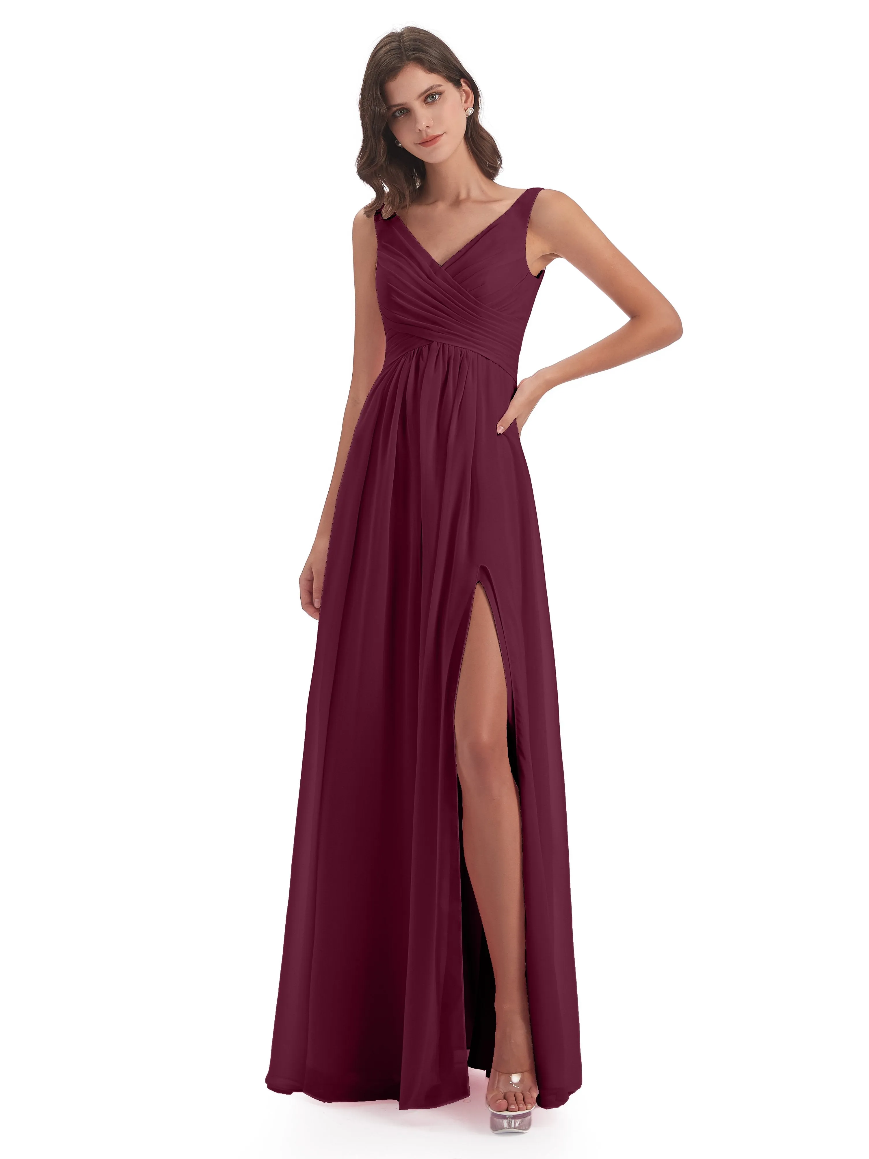 Column V-neck Long Mother of the Bride Dresses