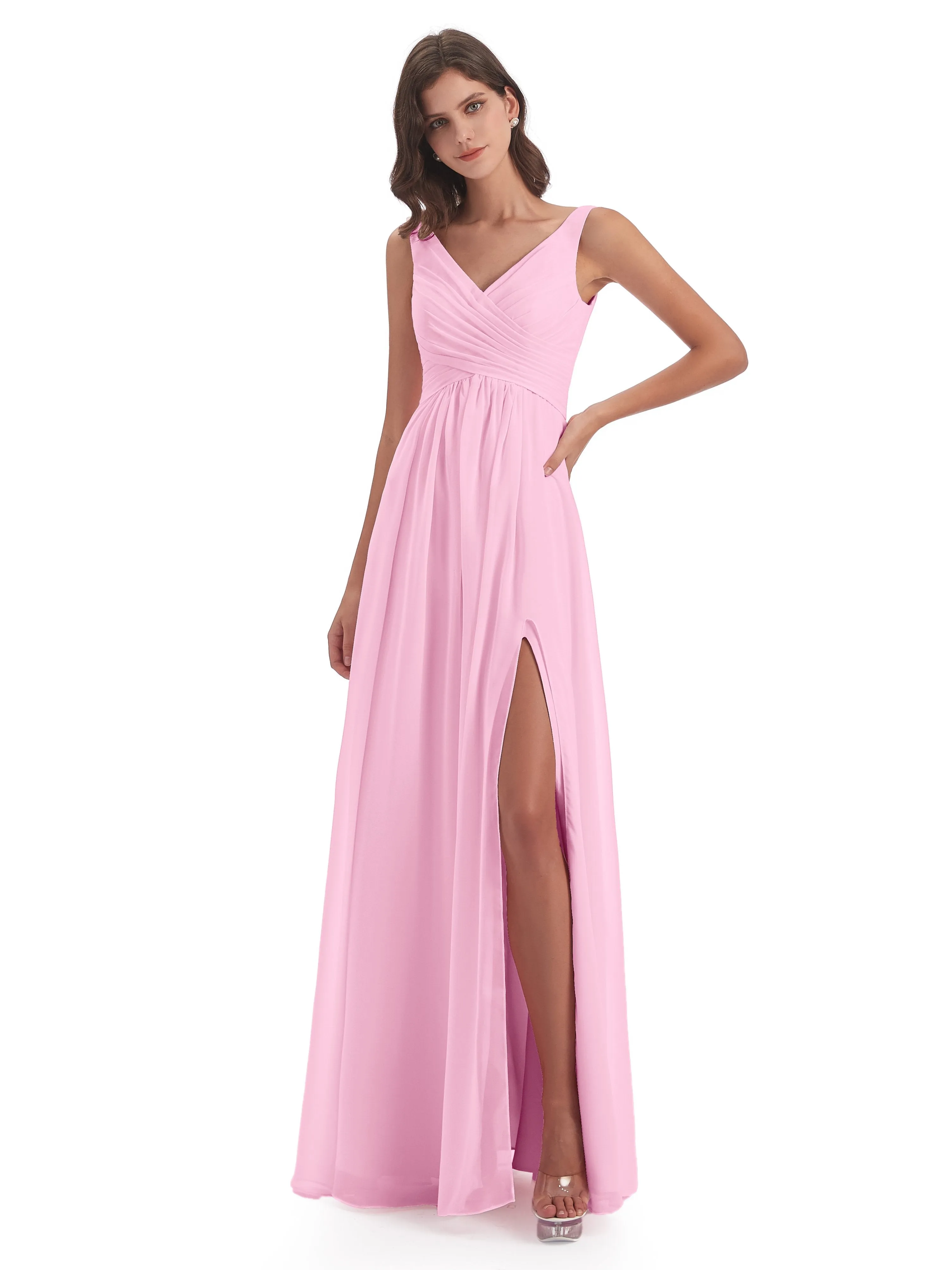 Column V-neck Long Mother of the Bride Dresses