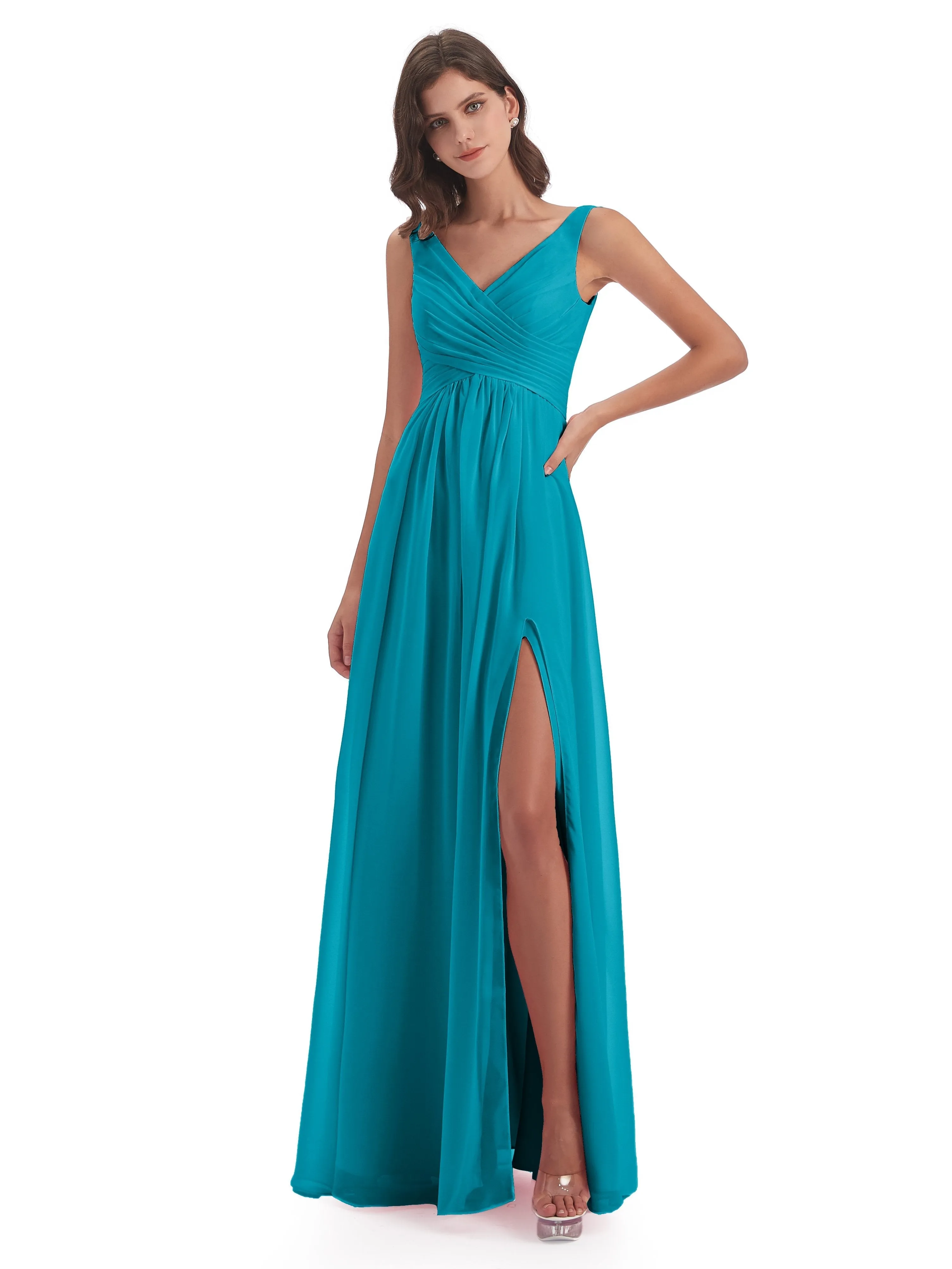 Column V-neck Long Mother of the Bride Dresses