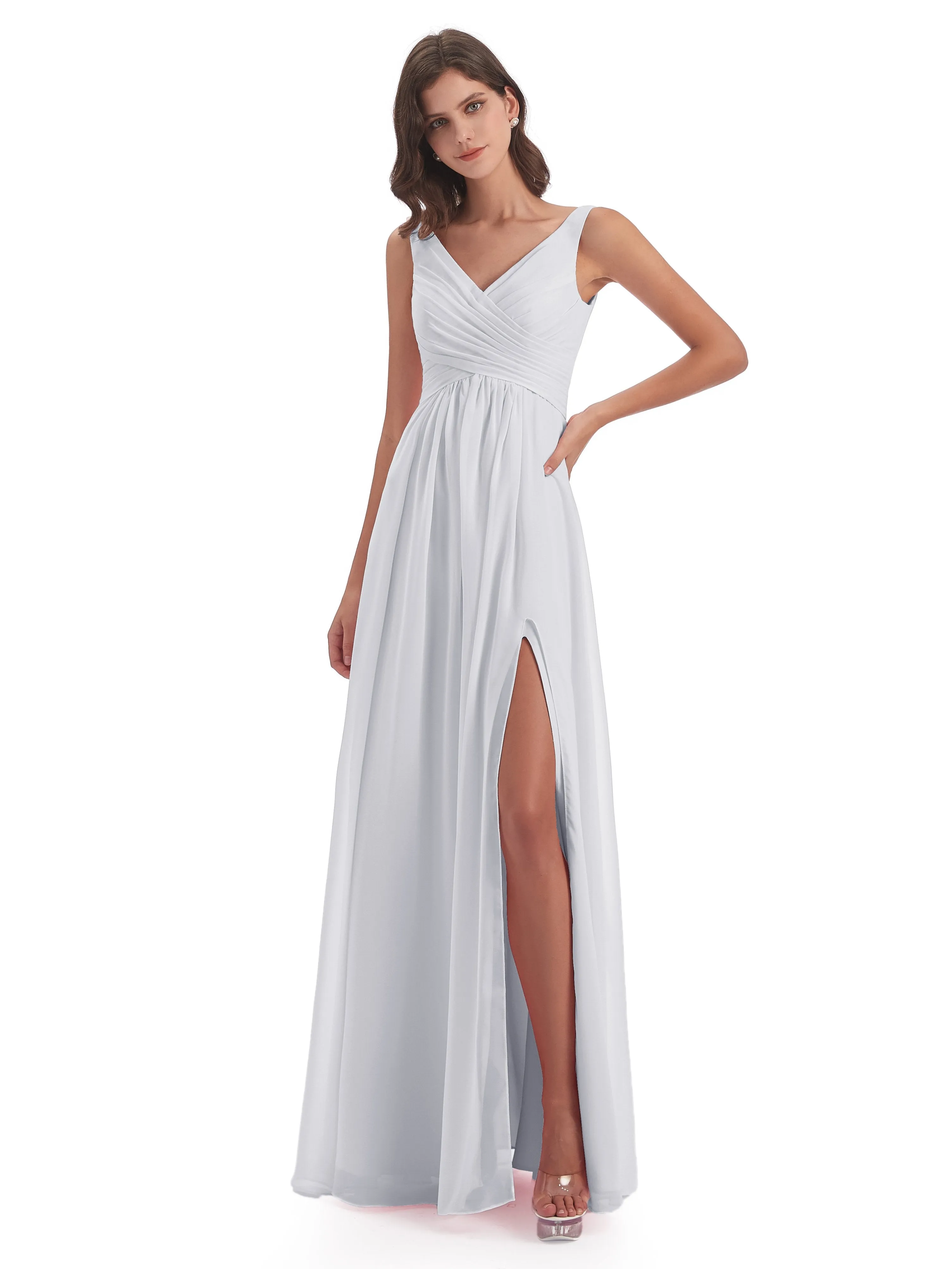 Column V-neck Long Mother of the Bride Dresses