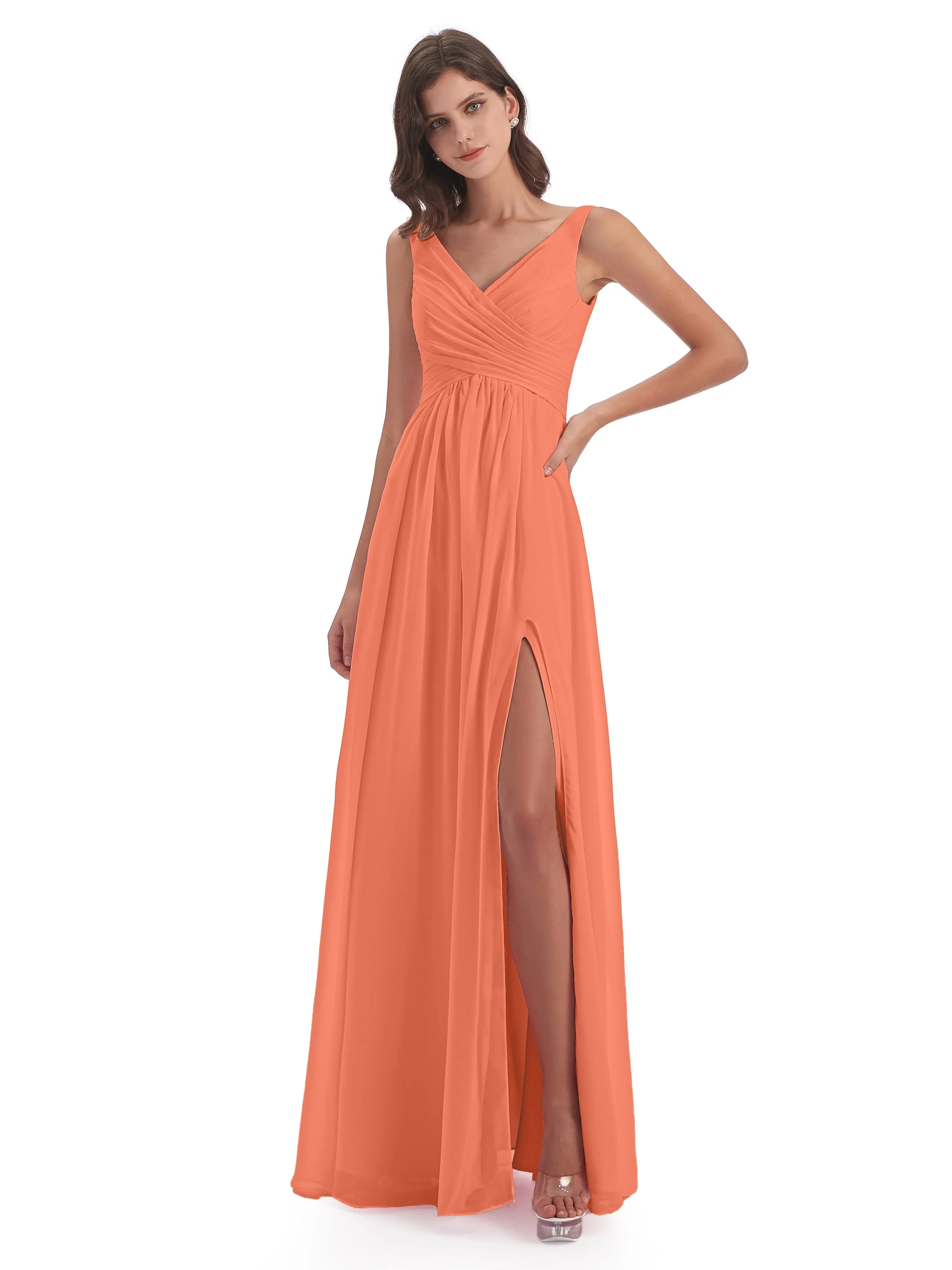 Column V-neck Long Mother of the Bride Dresses