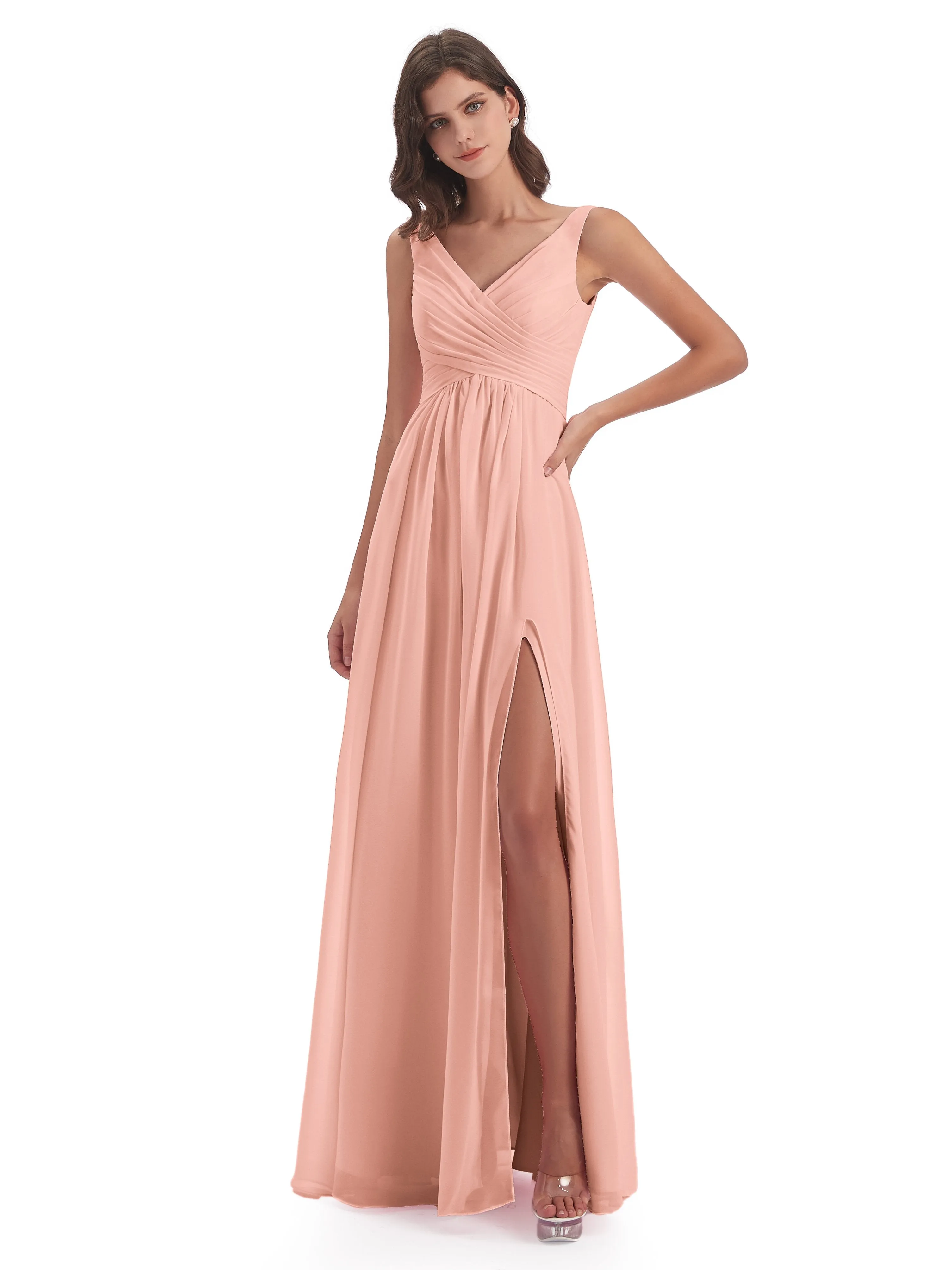 Column V-neck Long Mother of the Bride Dresses