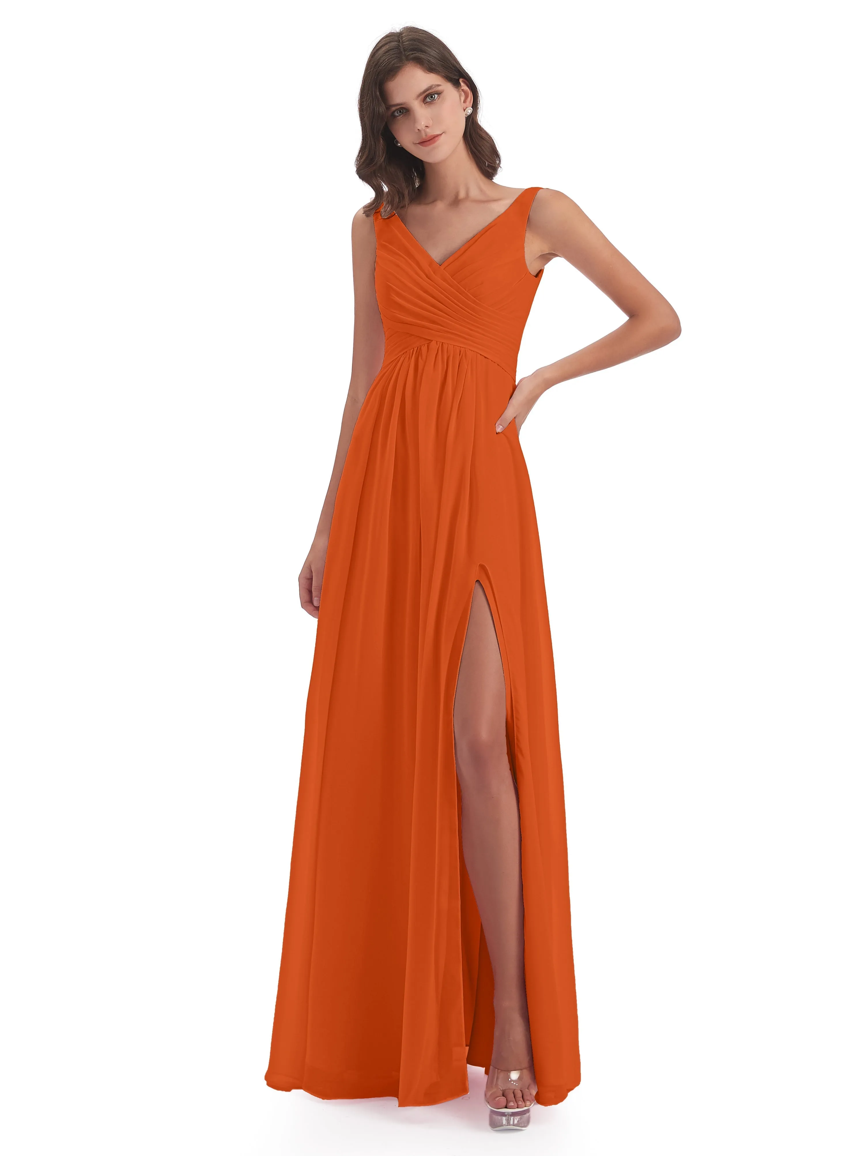 Column V-neck Long Mother of the Bride Dresses