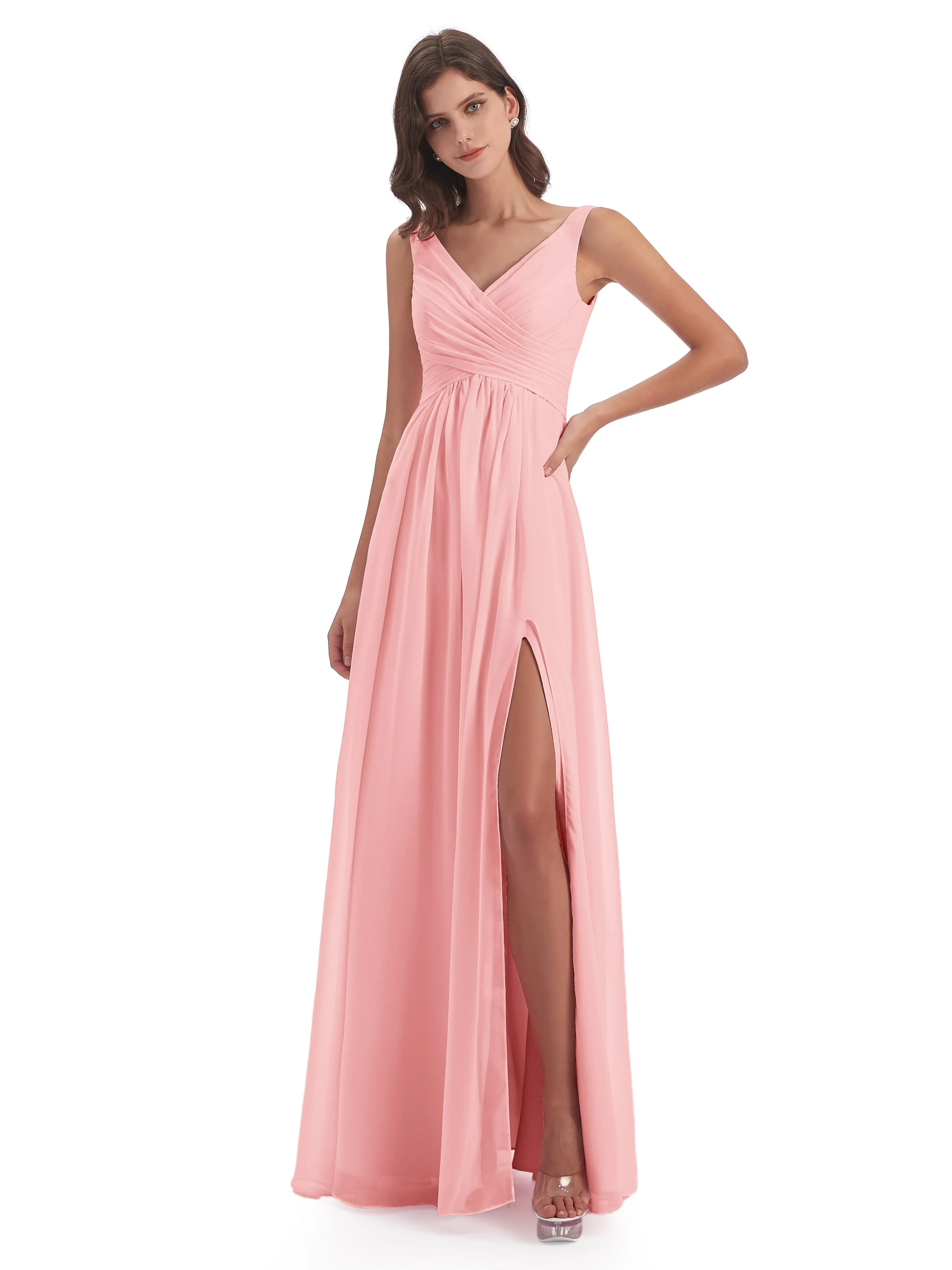 Column V-neck Long Mother of the Bride Dresses