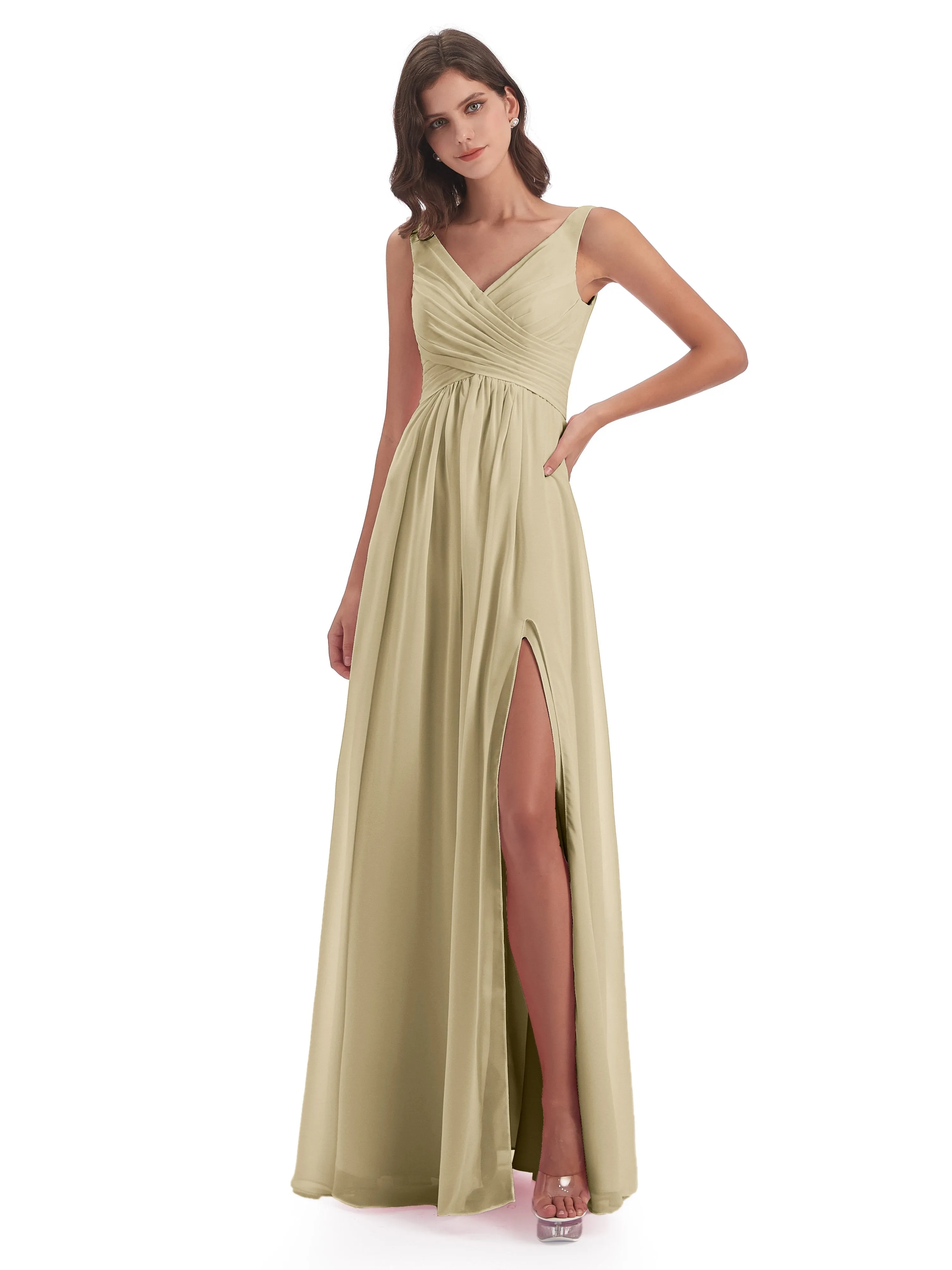 Column V-neck Long Mother of the Bride Dresses