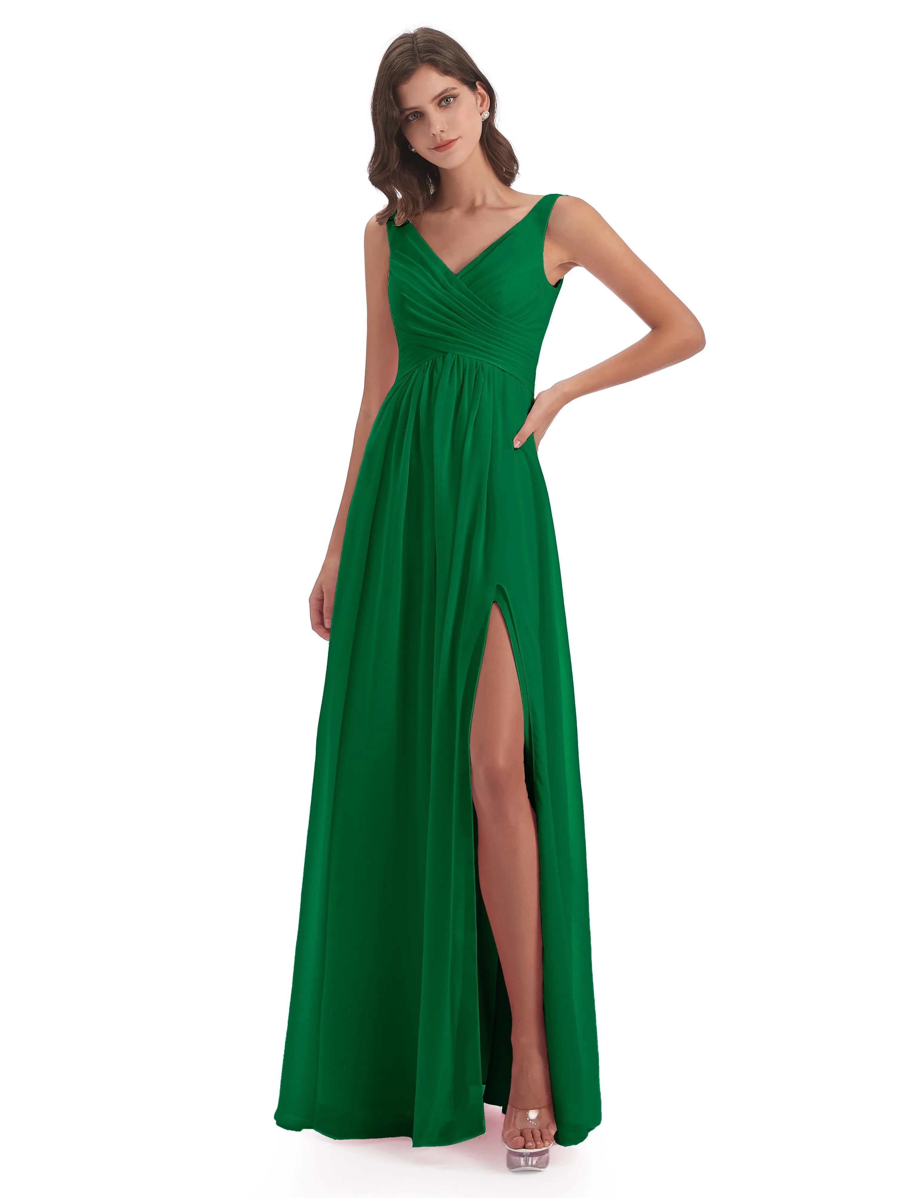 Column V-neck Long Mother of the Bride Dresses