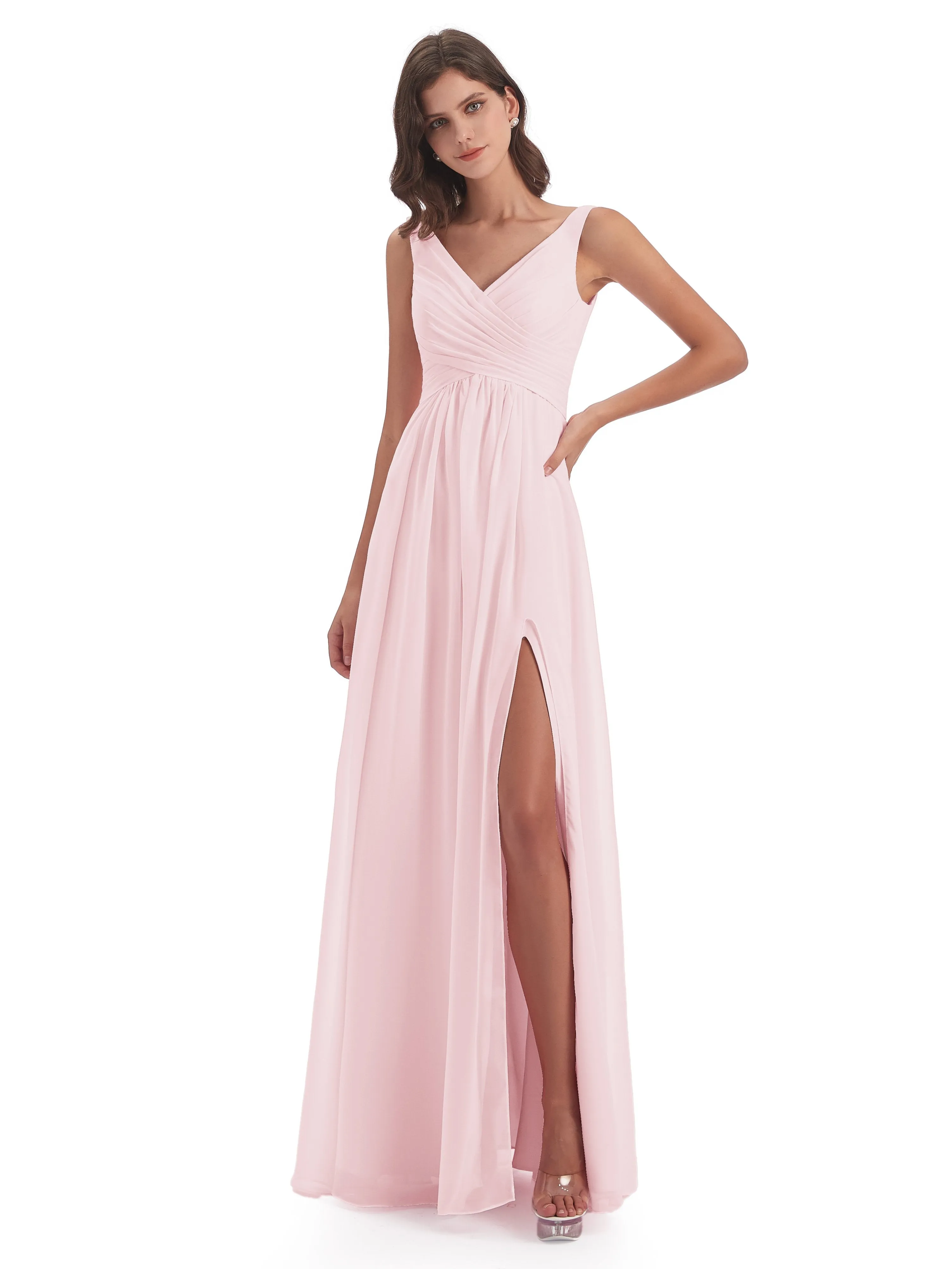 Column V-neck Long Mother of the Bride Dresses