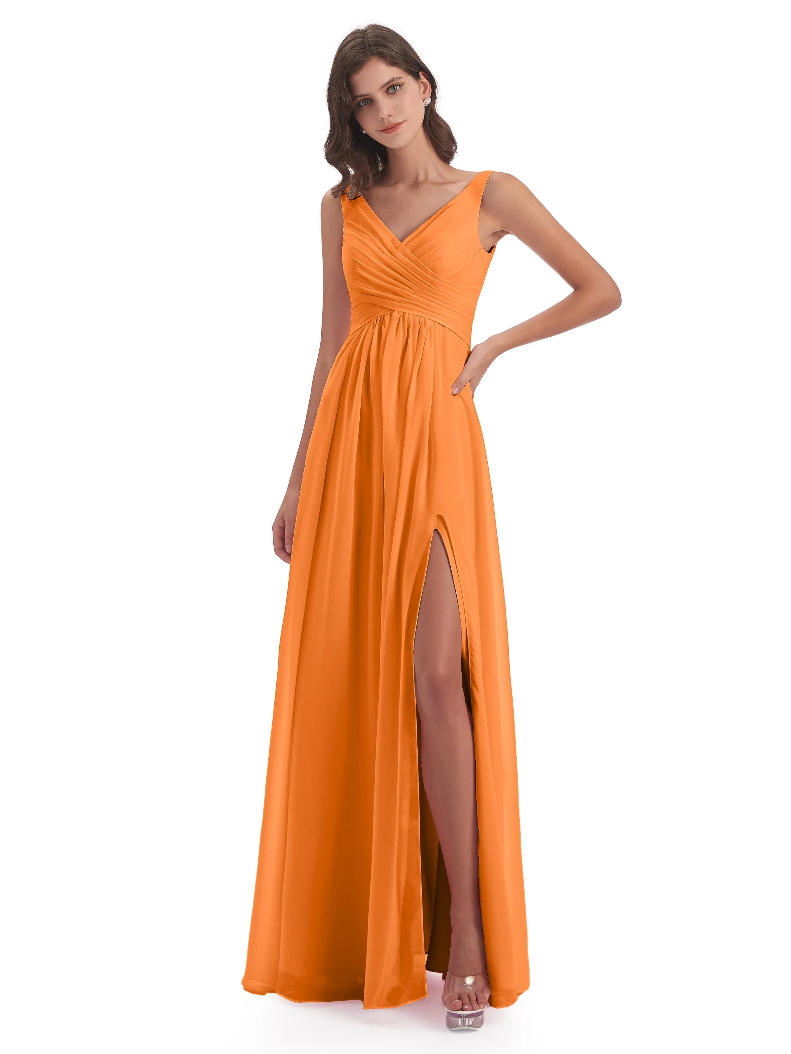 Column V-neck Long Mother of the Bride Dresses