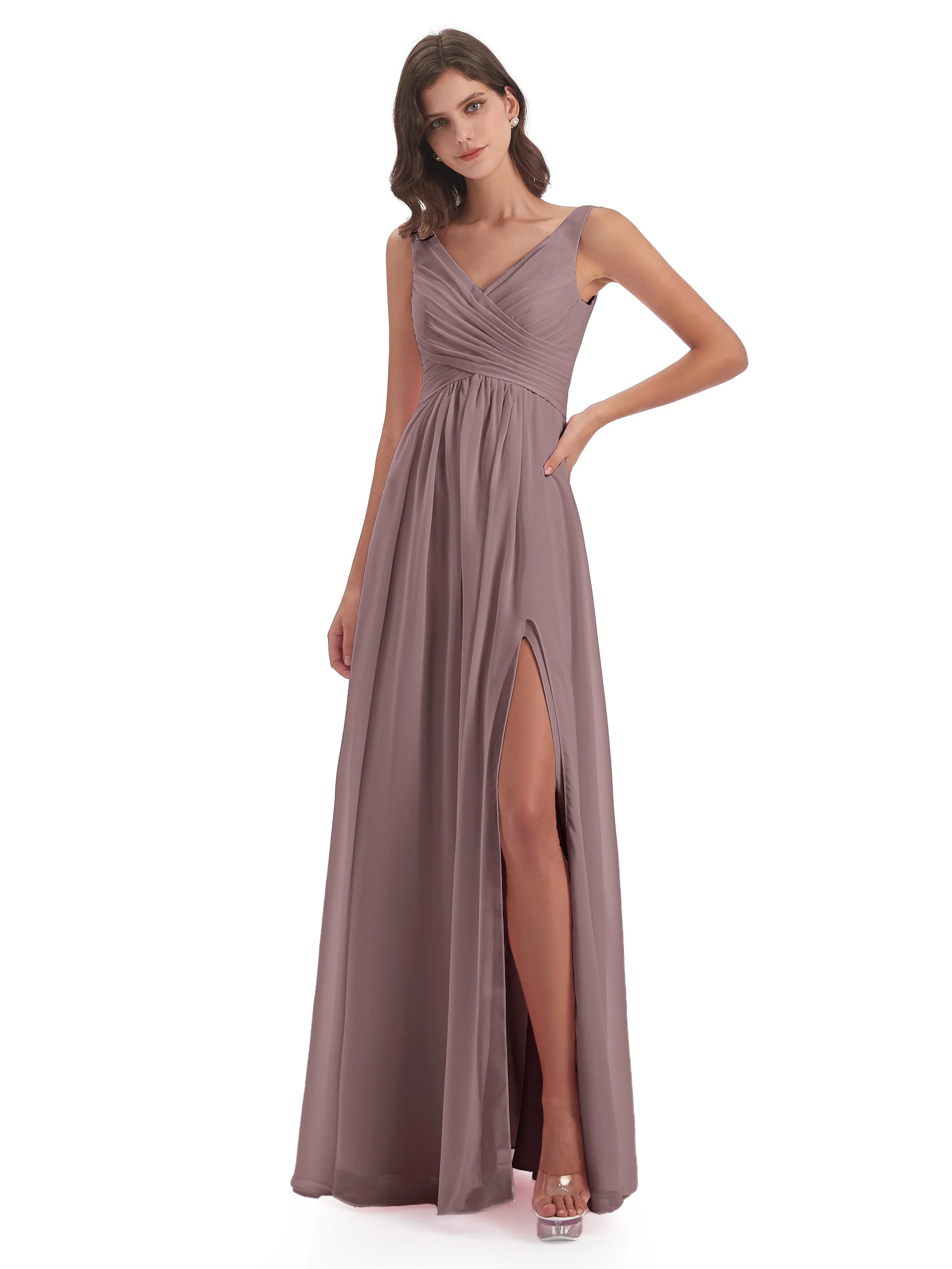 Column V-neck Long Mother of the Bride Dresses