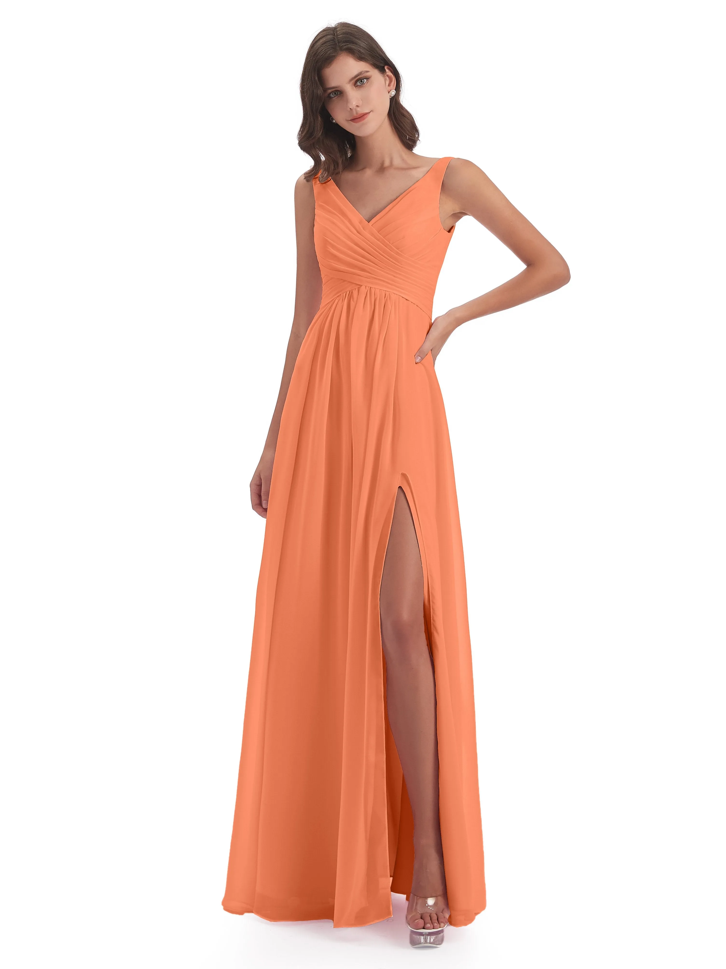 Column V-neck Long Mother of the Bride Dresses