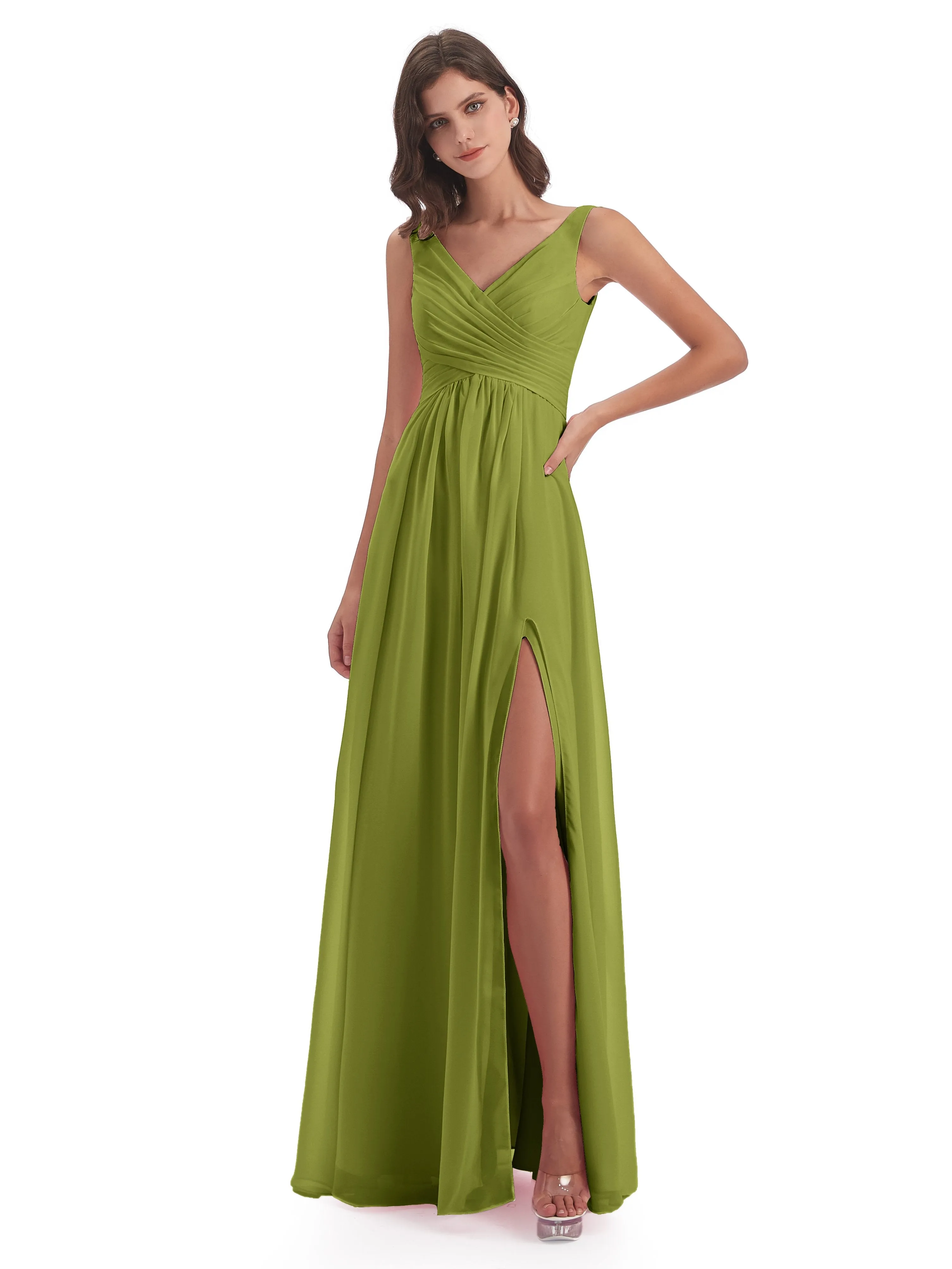 Column V-neck Long Mother of the Bride Dresses