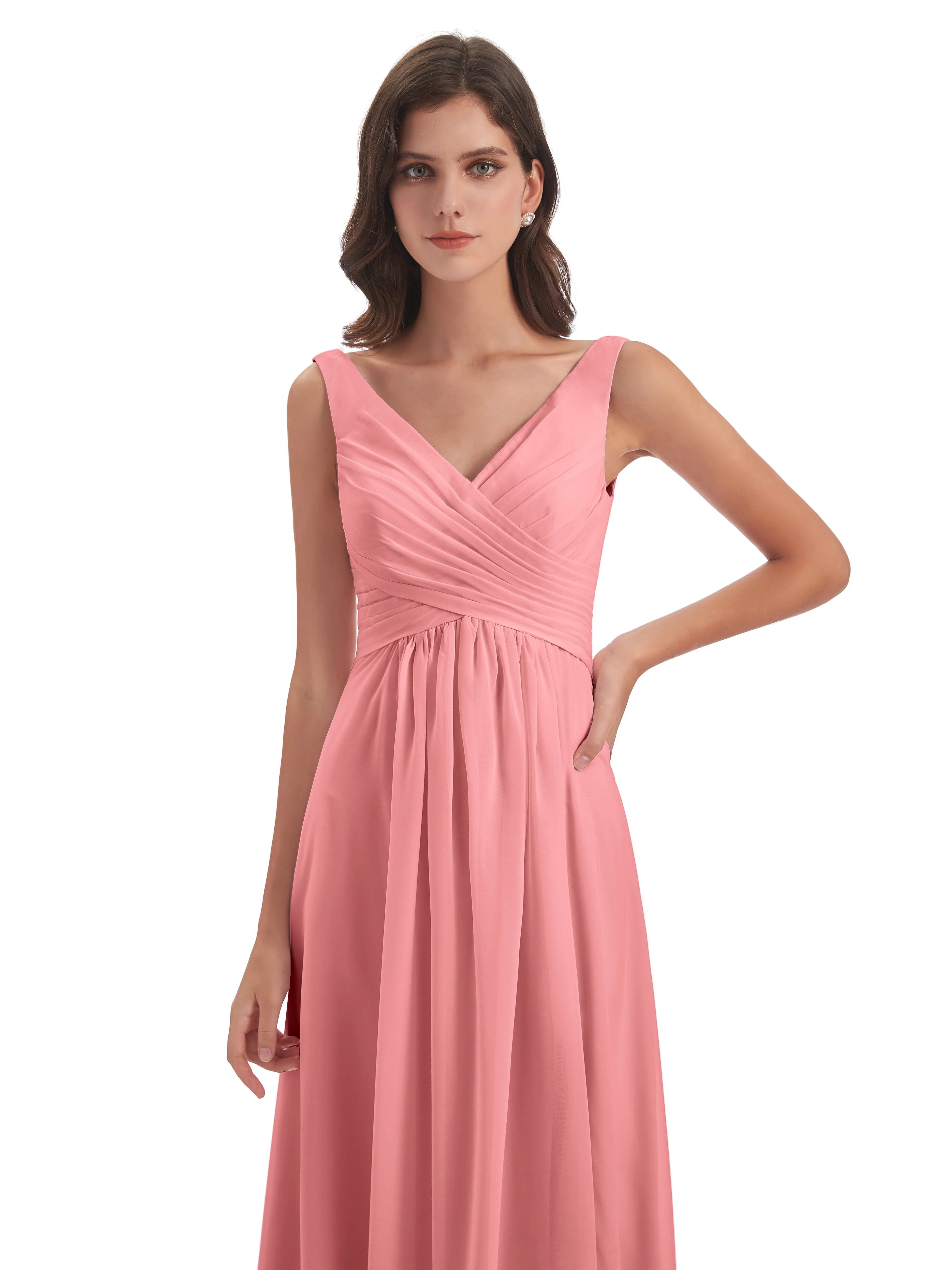 Column V-neck Long Mother of the Bride Dresses