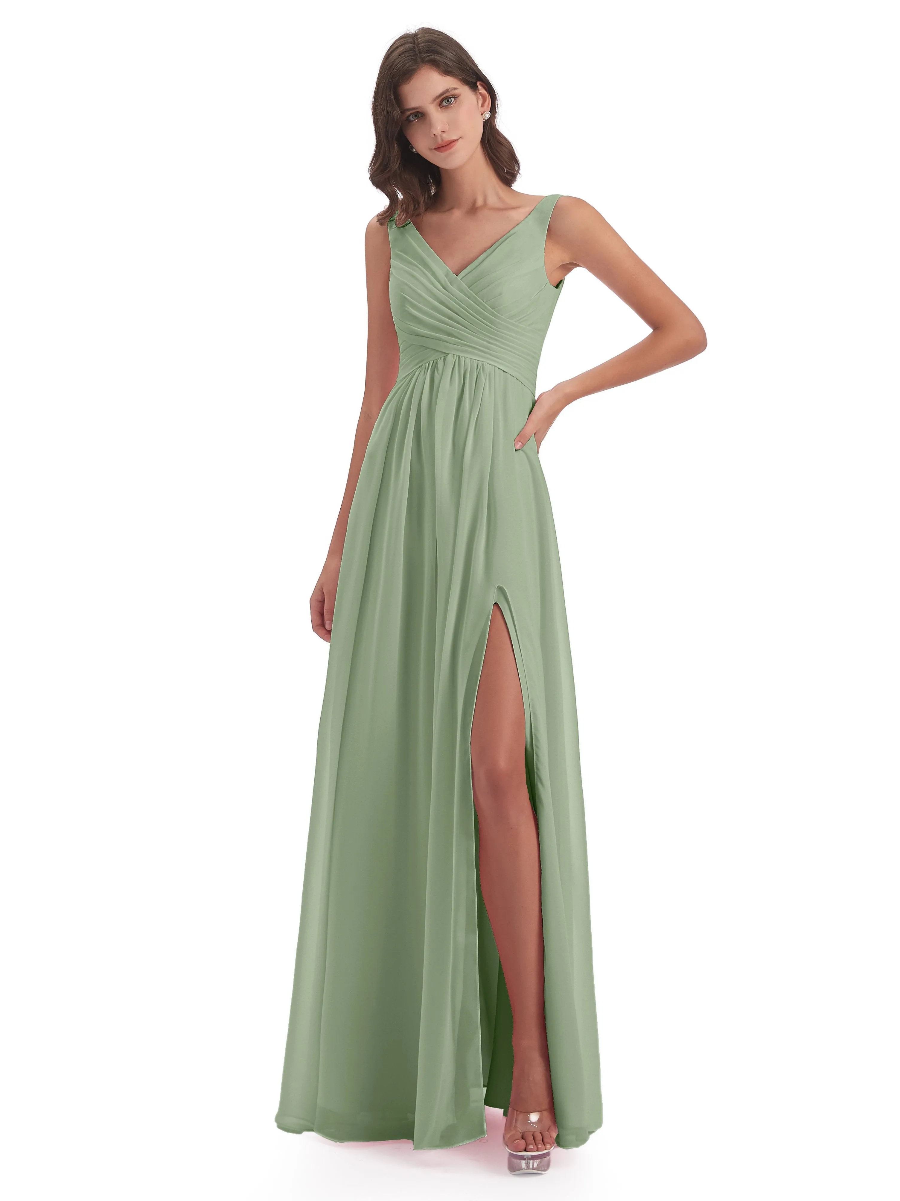 Column V-neck Long Mother of the Bride Dresses