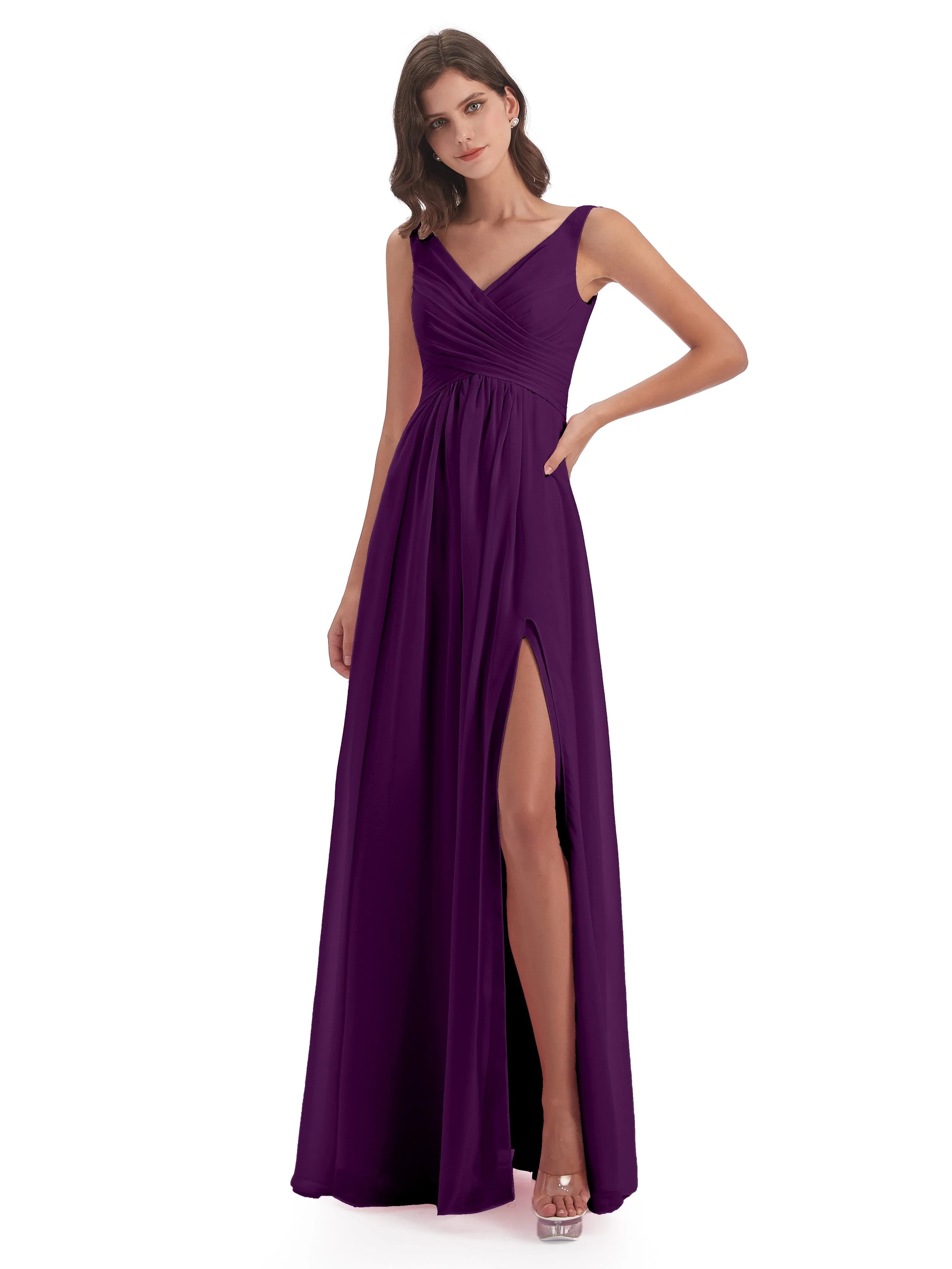 Column V-neck Long Mother of the Bride Dresses