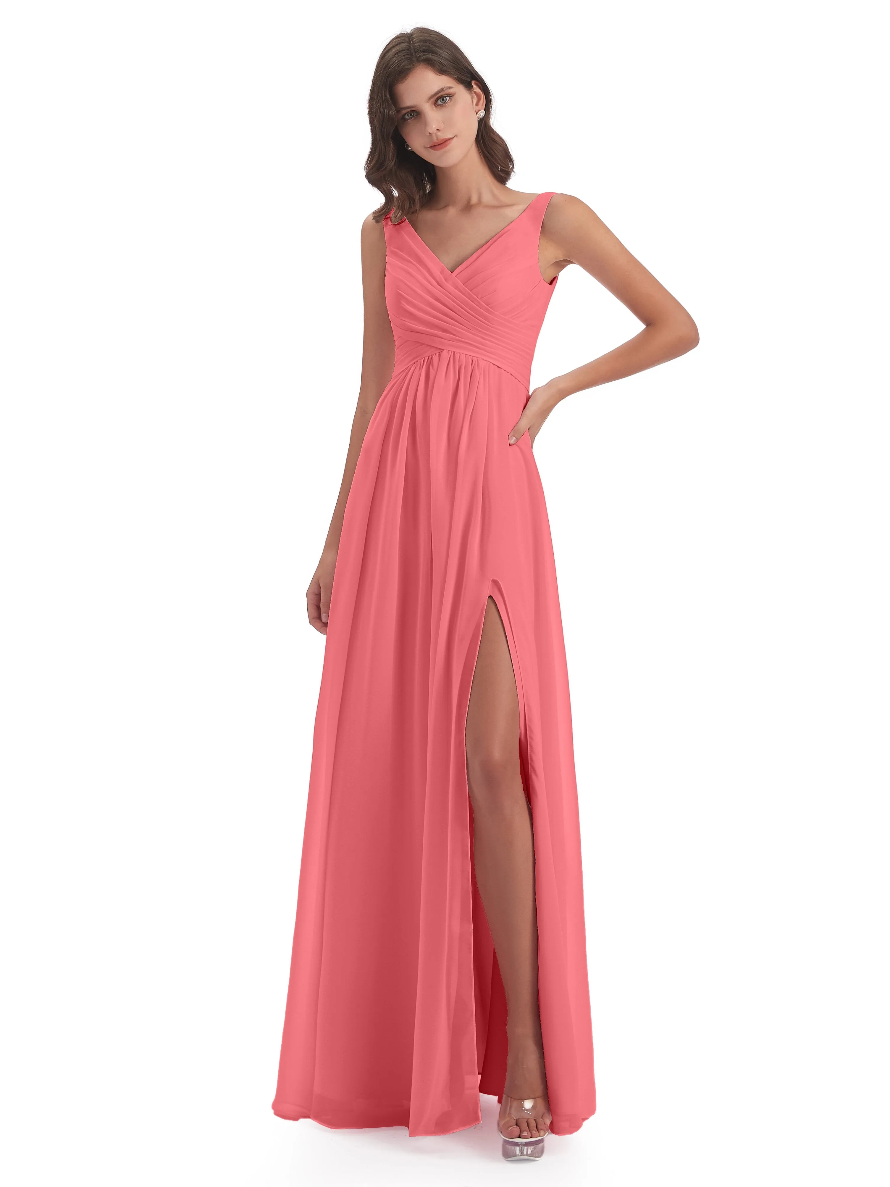 Column V-neck Long Mother of the Bride Dresses