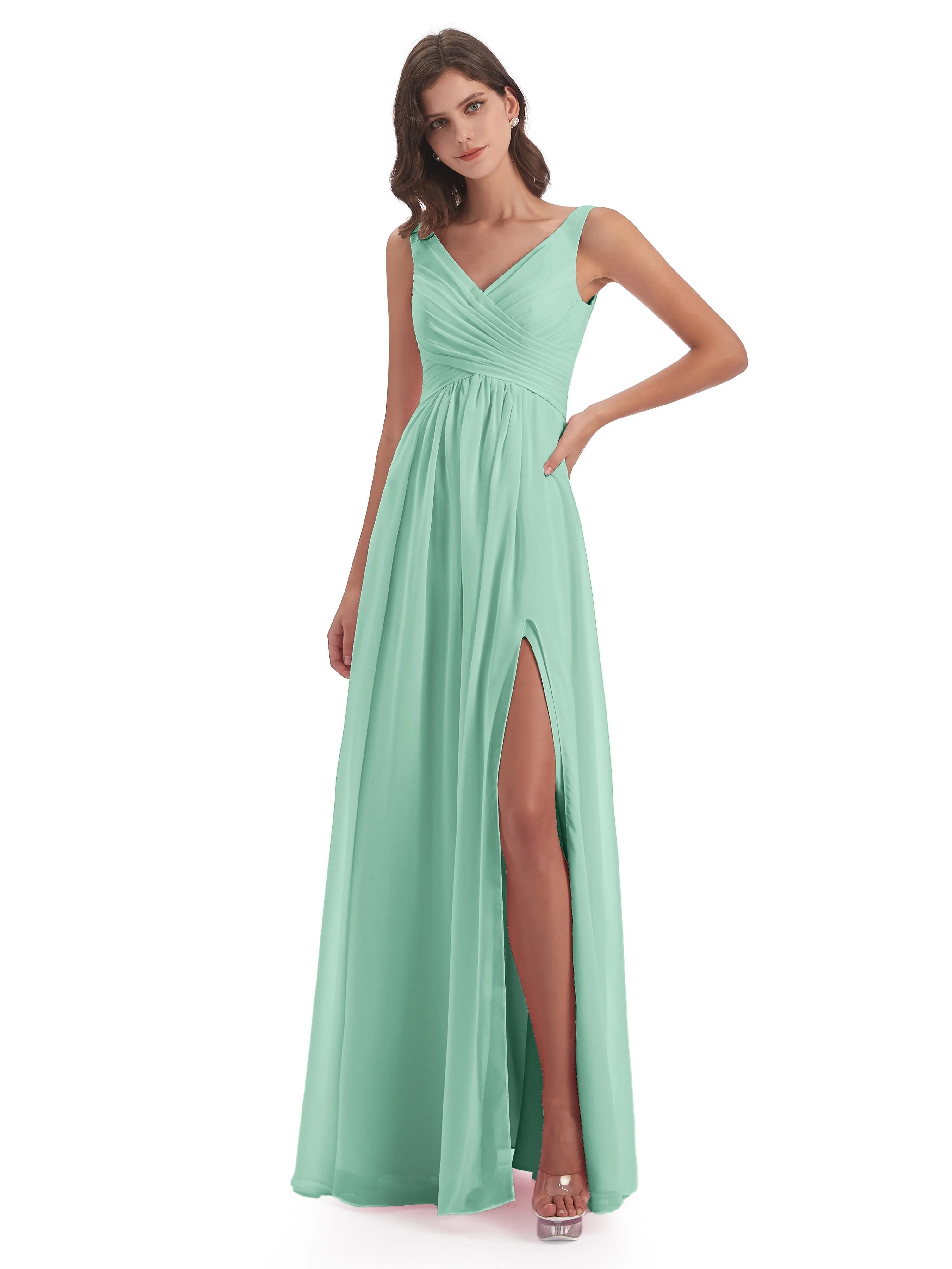 Column V-neck Long Mother of the Bride Dresses