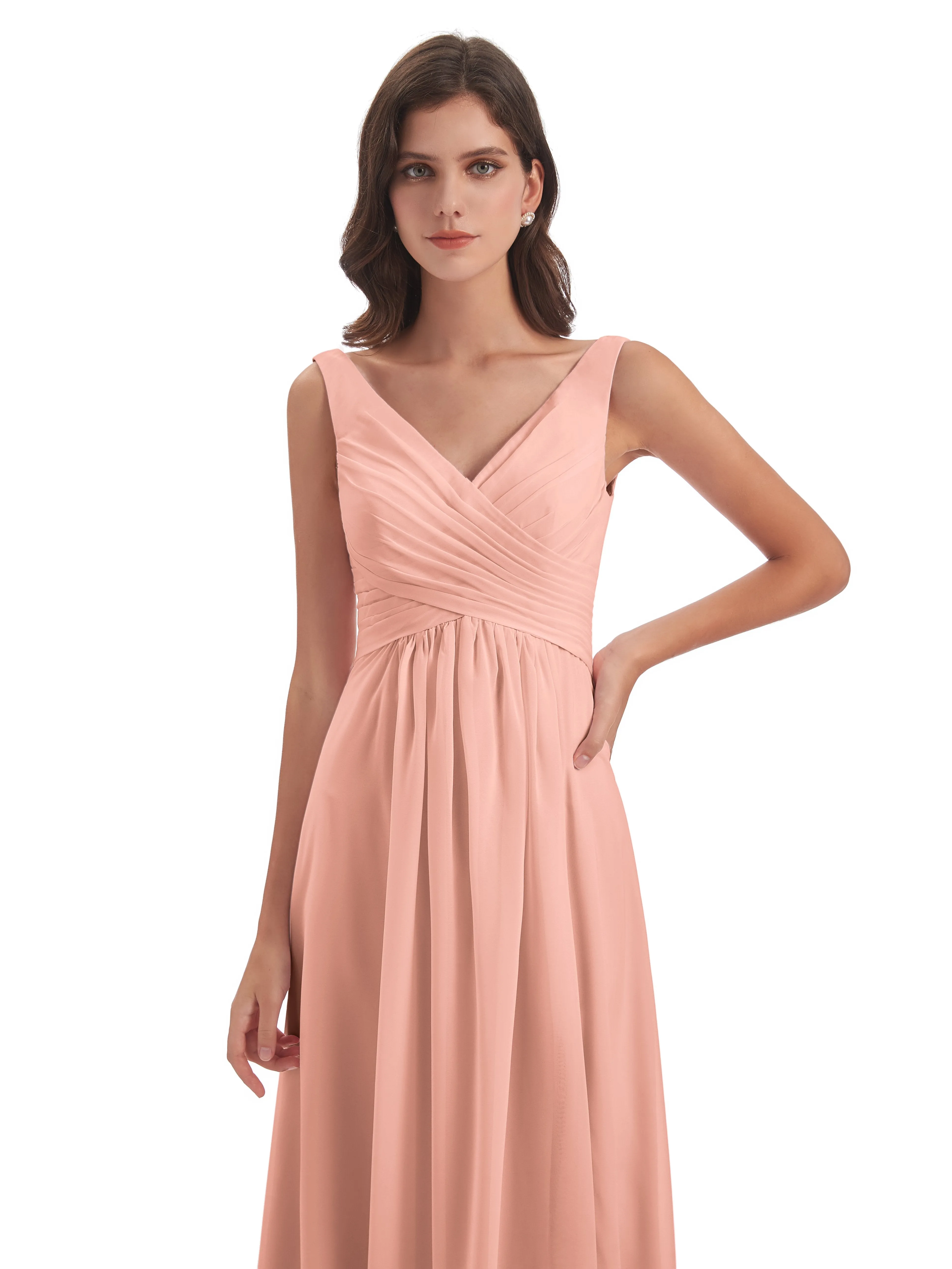 Column V-neck Long Mother of the Bride Dresses