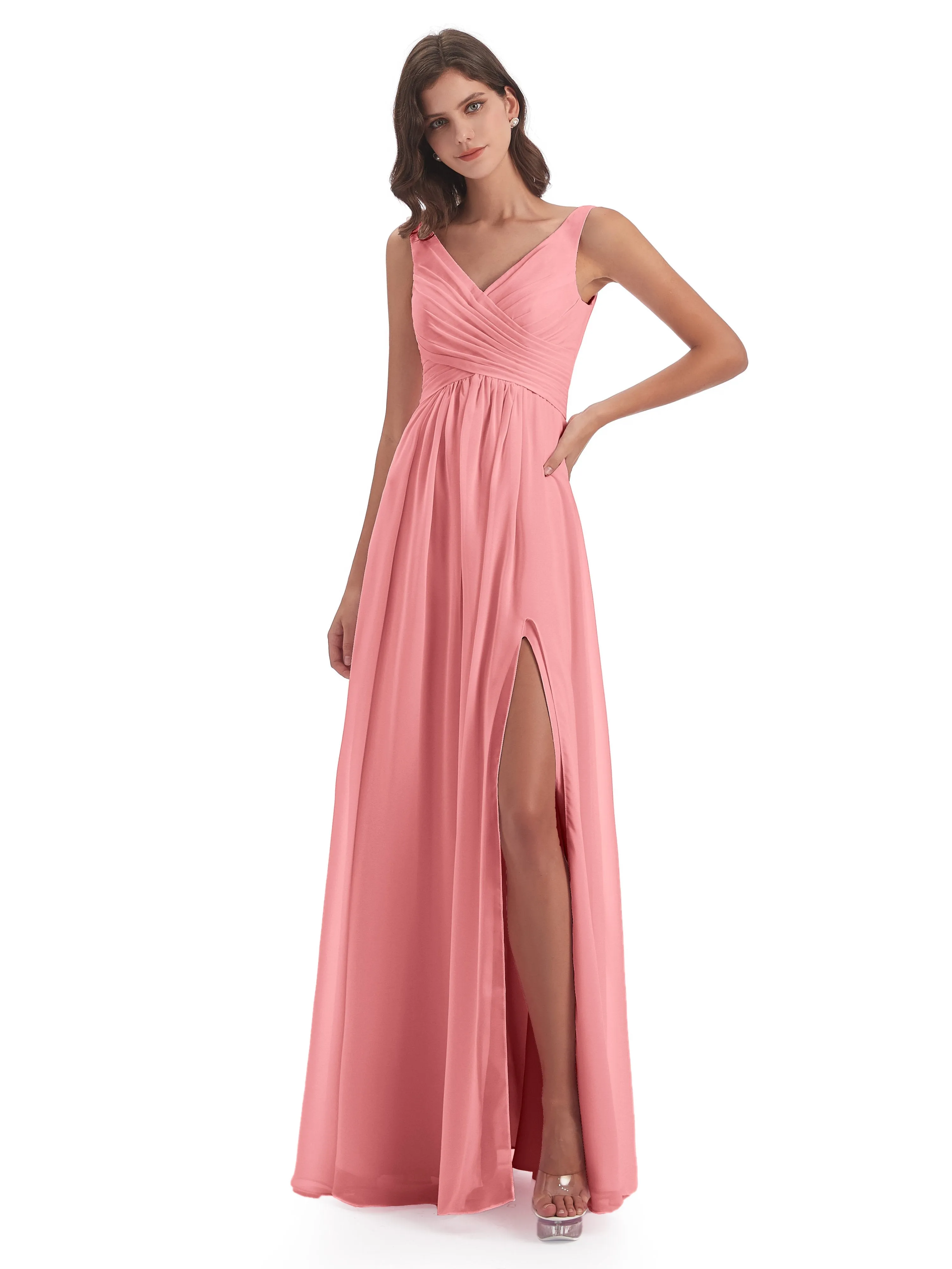 Column V-neck Long Mother of the Bride Dresses