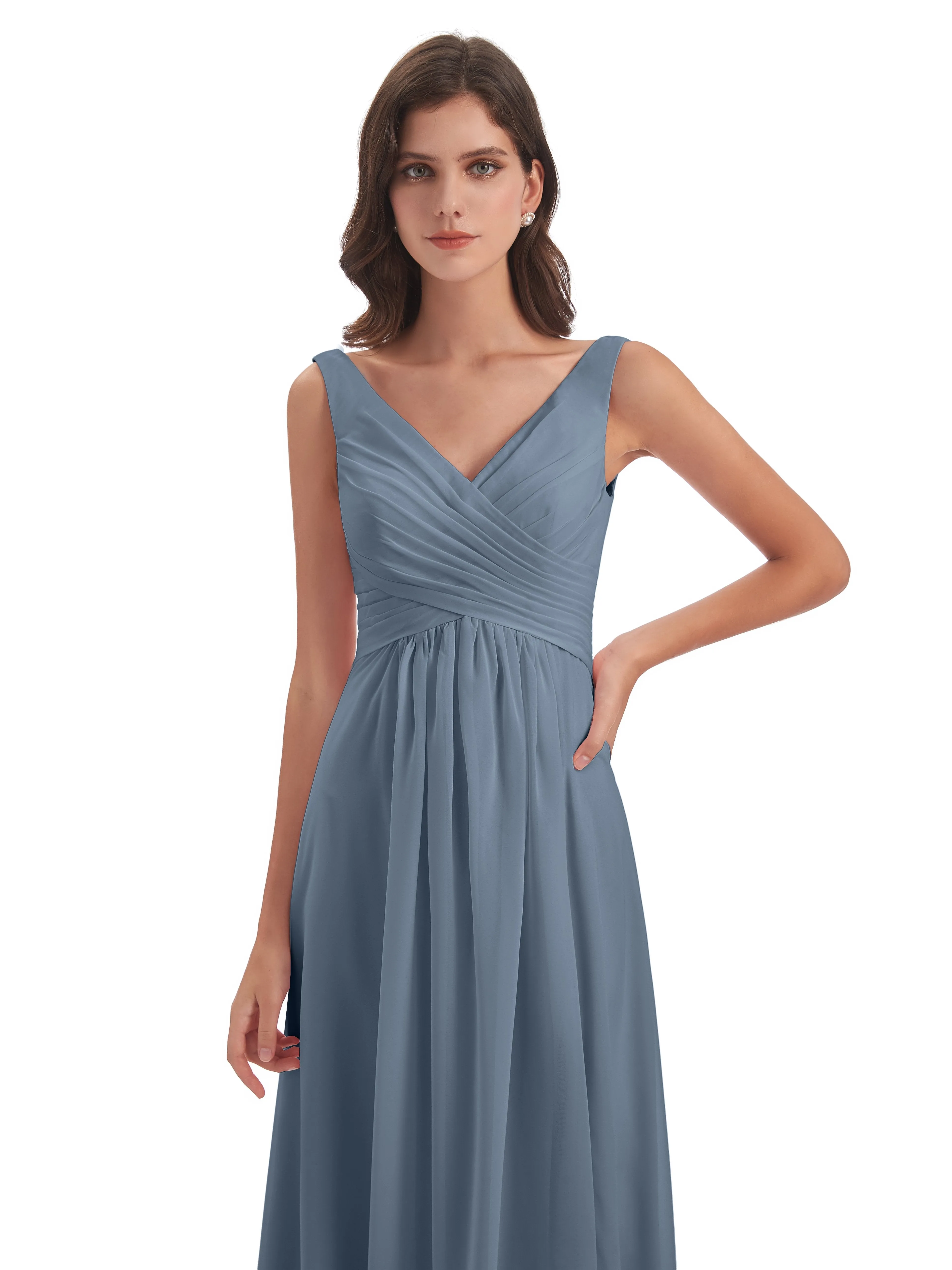 Column V-neck Long Mother of the Bride Dresses