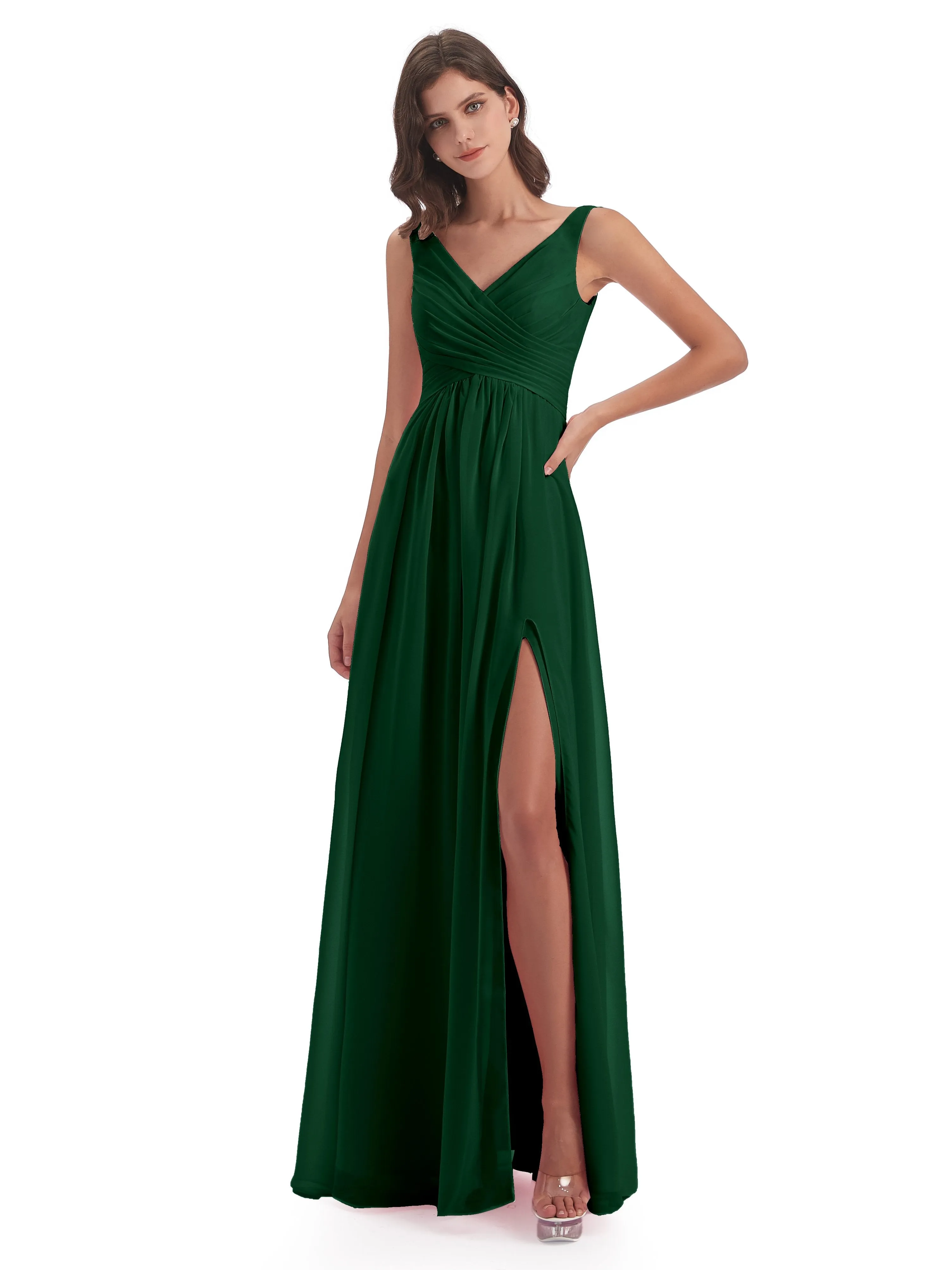 Column V-neck Long Mother of the Bride Dresses