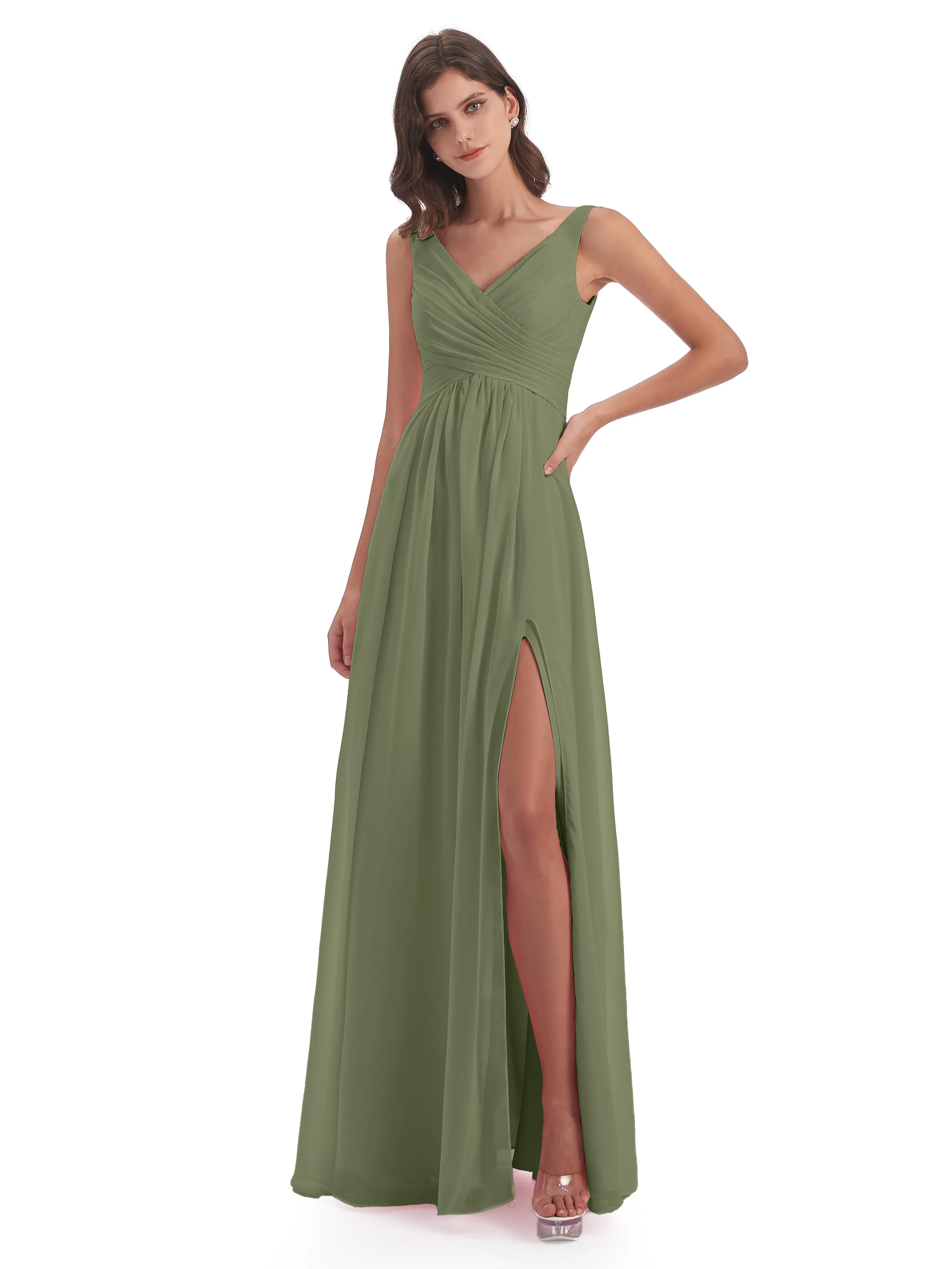 Column V-neck Long Mother of the Bride Dresses