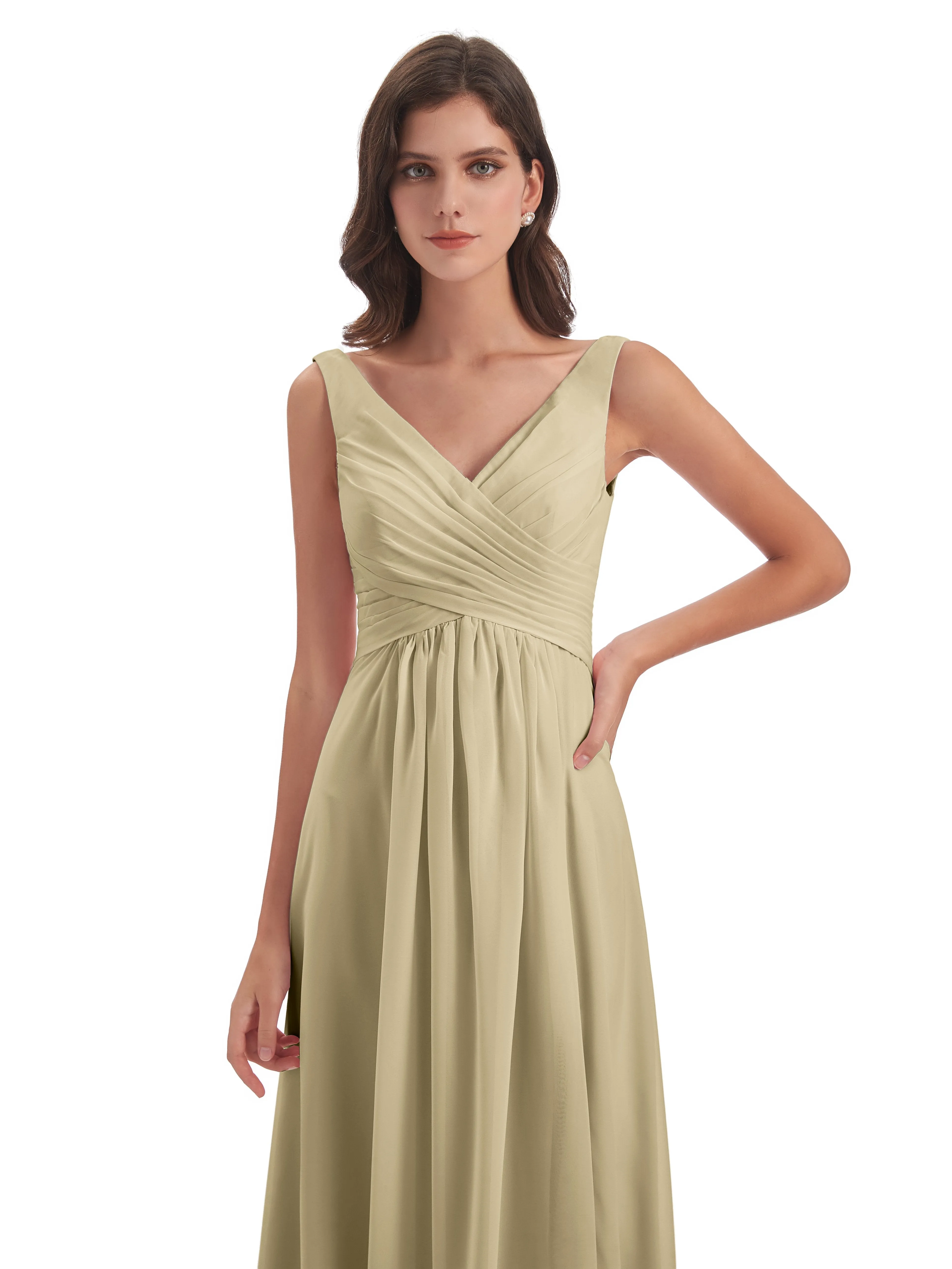 Column V-neck Long Mother of the Bride Dresses