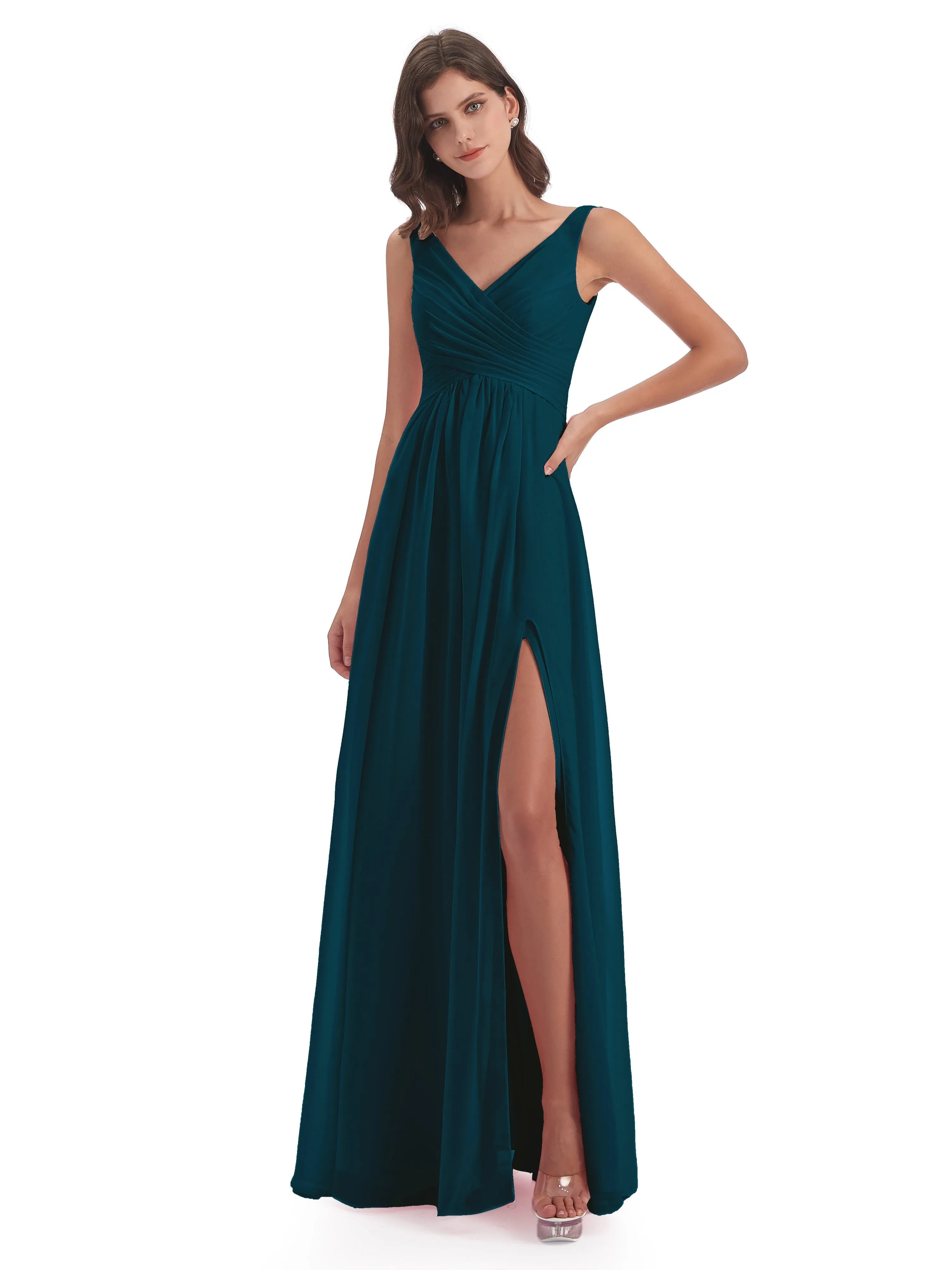 Column V-neck Long Mother of the Bride Dresses