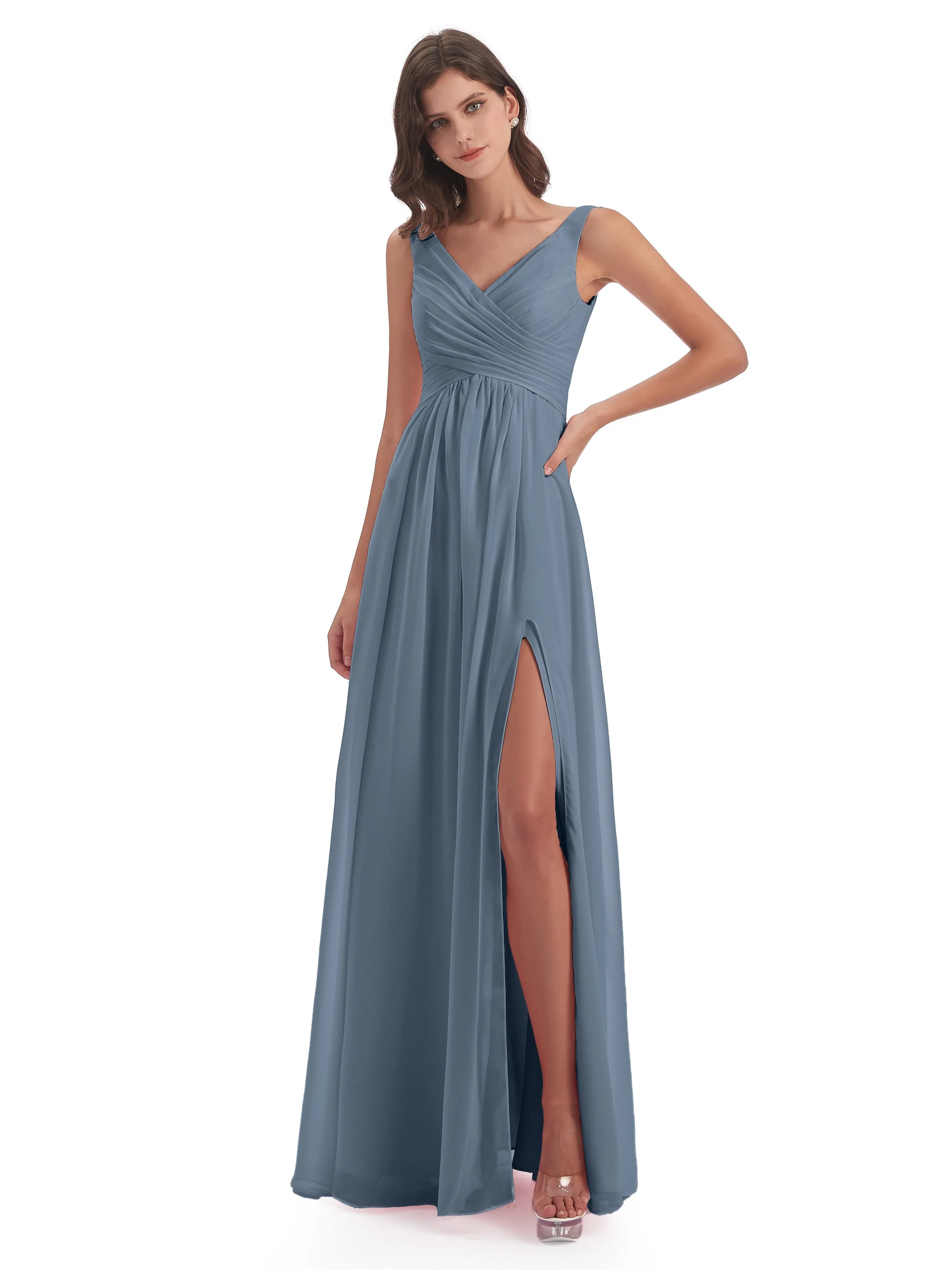 Column V-neck Long Mother of the Bride Dresses