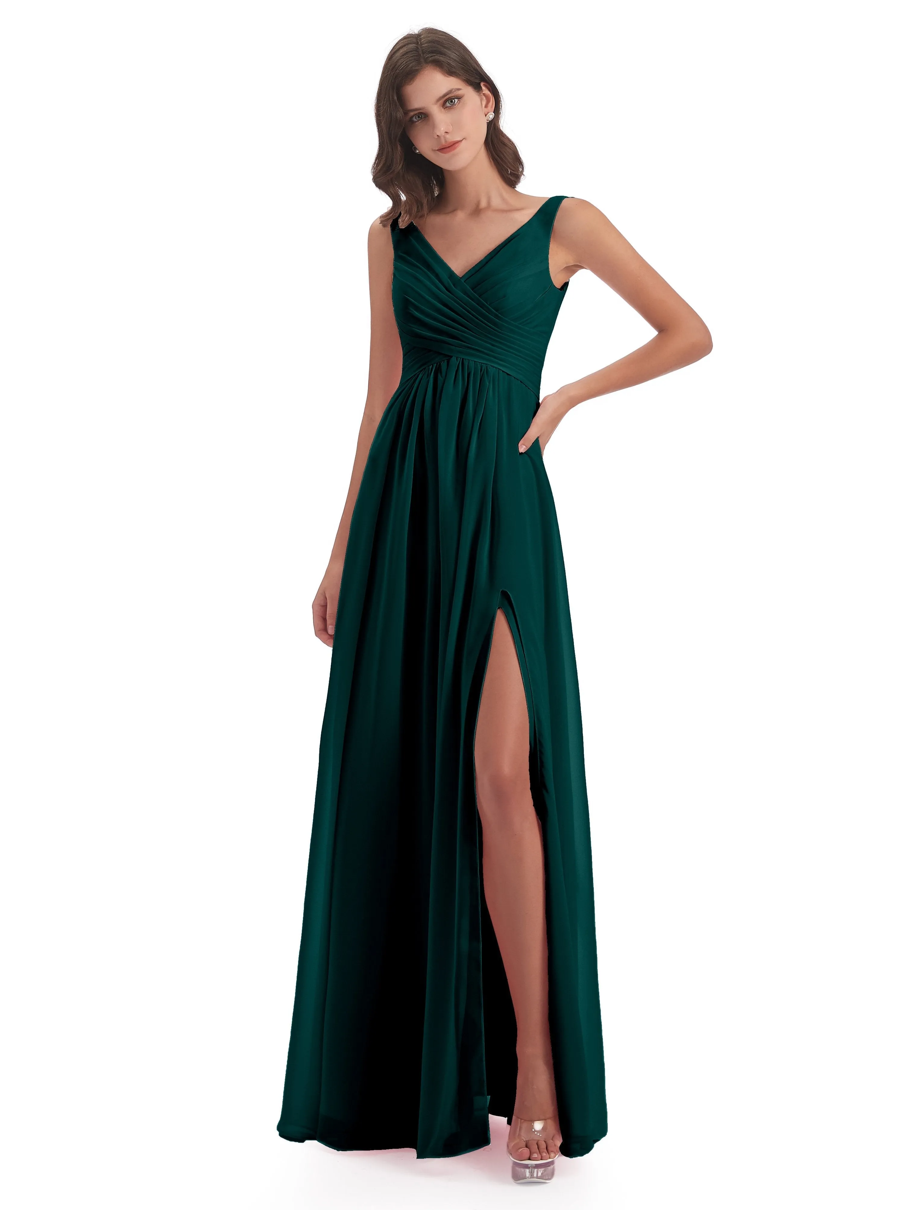 Column V-neck Long Mother of the Bride Dresses