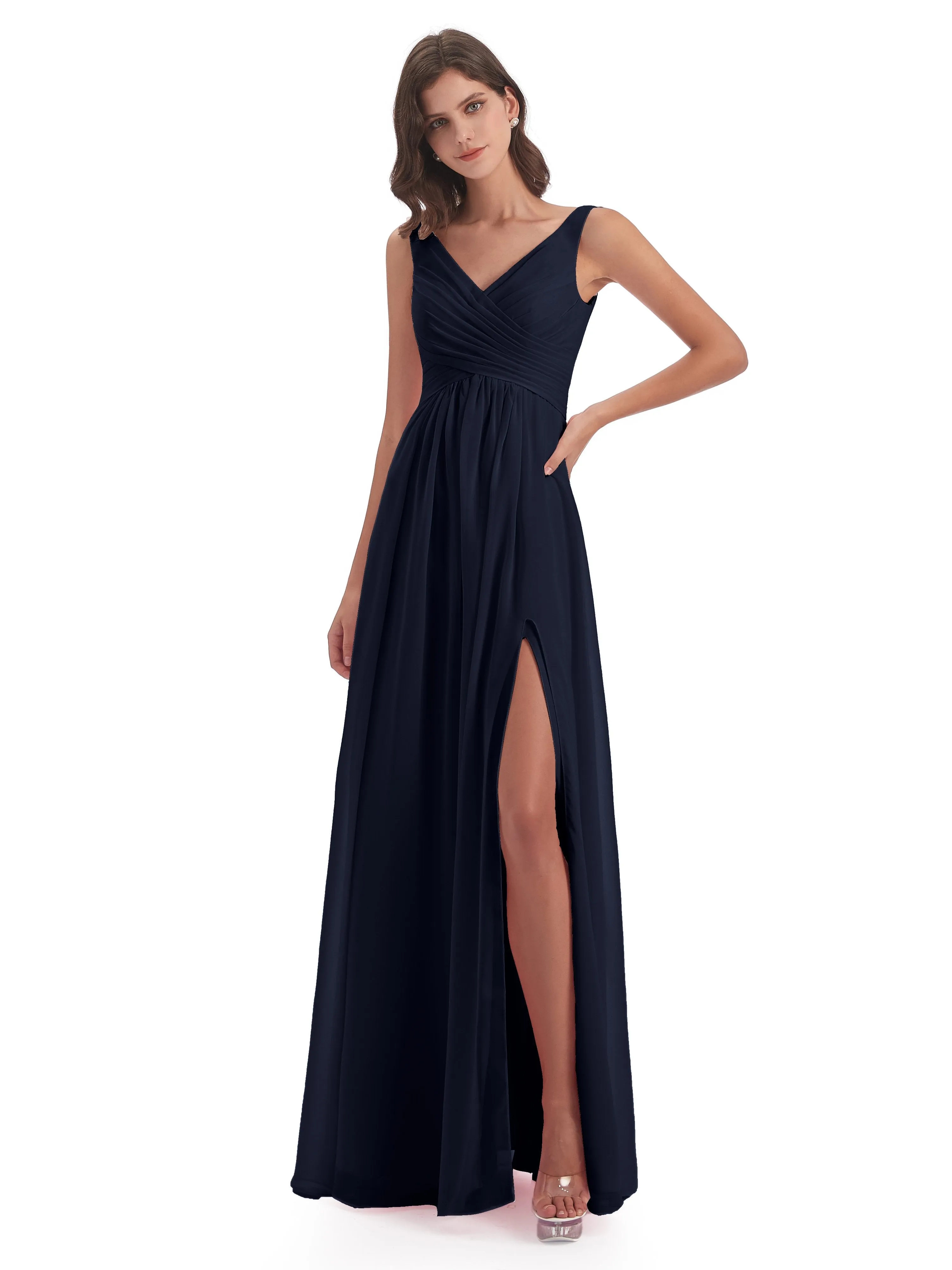 Column V-neck Long Mother of the Bride Dresses