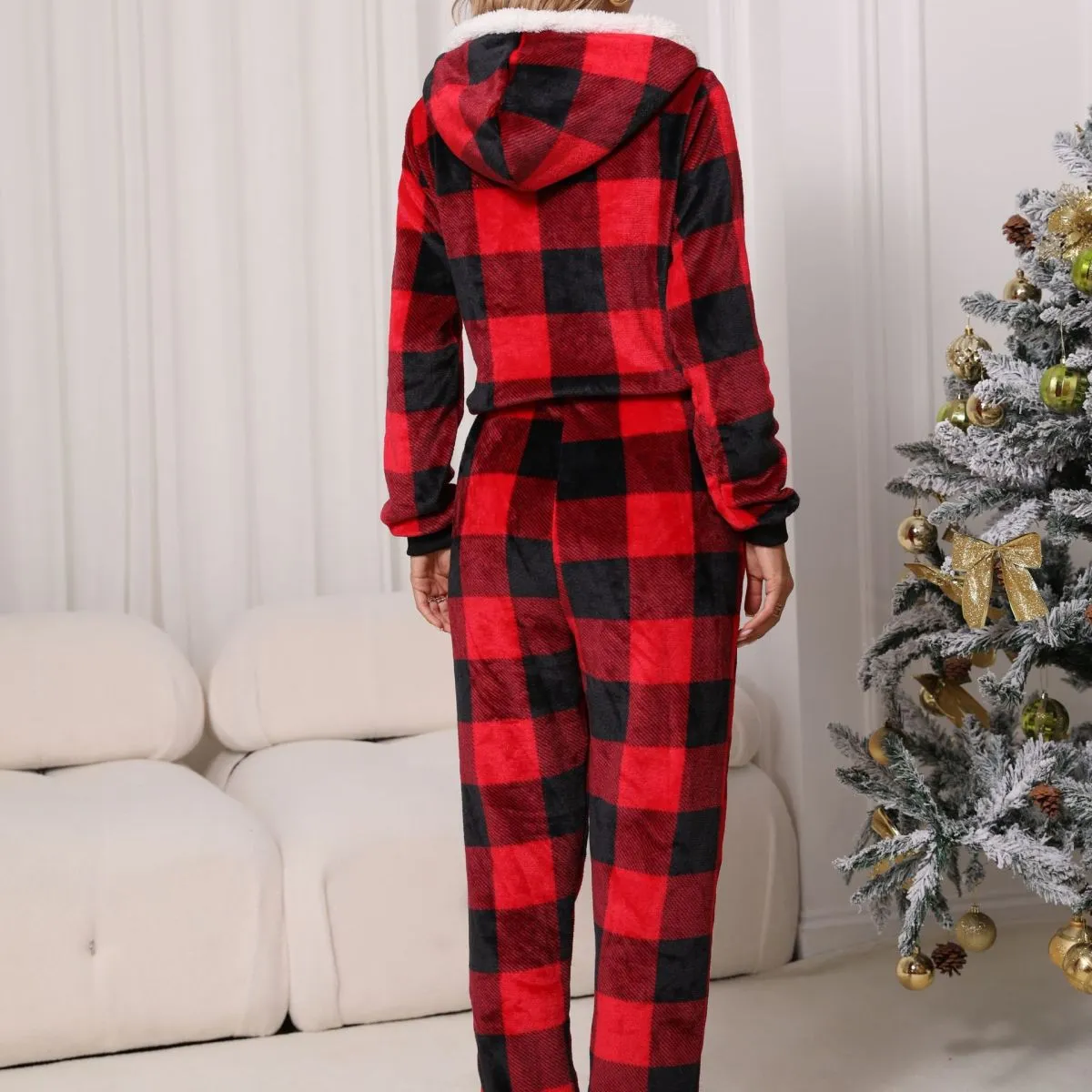 Comfy Zippered Hooded Plaid Flannel Fleece Jumpsuit